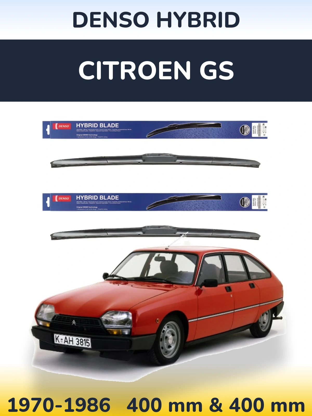 Front wiper blade set Denso Hybrid 400 & 400 mm for Citroen GS 1970-1986
