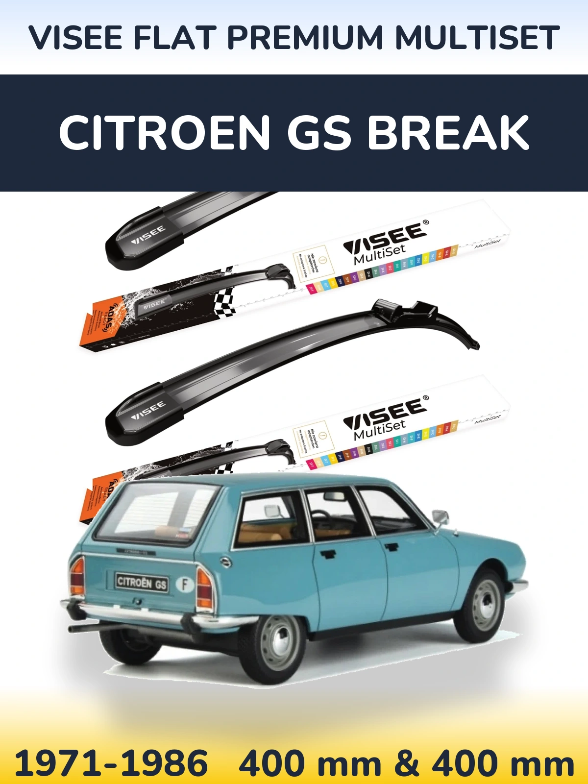 Комплект передних дворников VISEE FLAT PREMIUM MultiSet 400 & 400 мм для Citroen GS Break 1971-1986