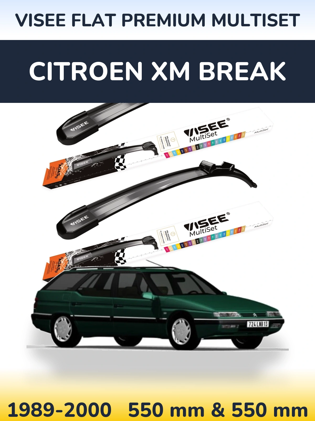 Front wiper blade set VISEE FLAT PREMIUM MultiSet 550 & 550 mm for Citroen XM Break 1989-2000