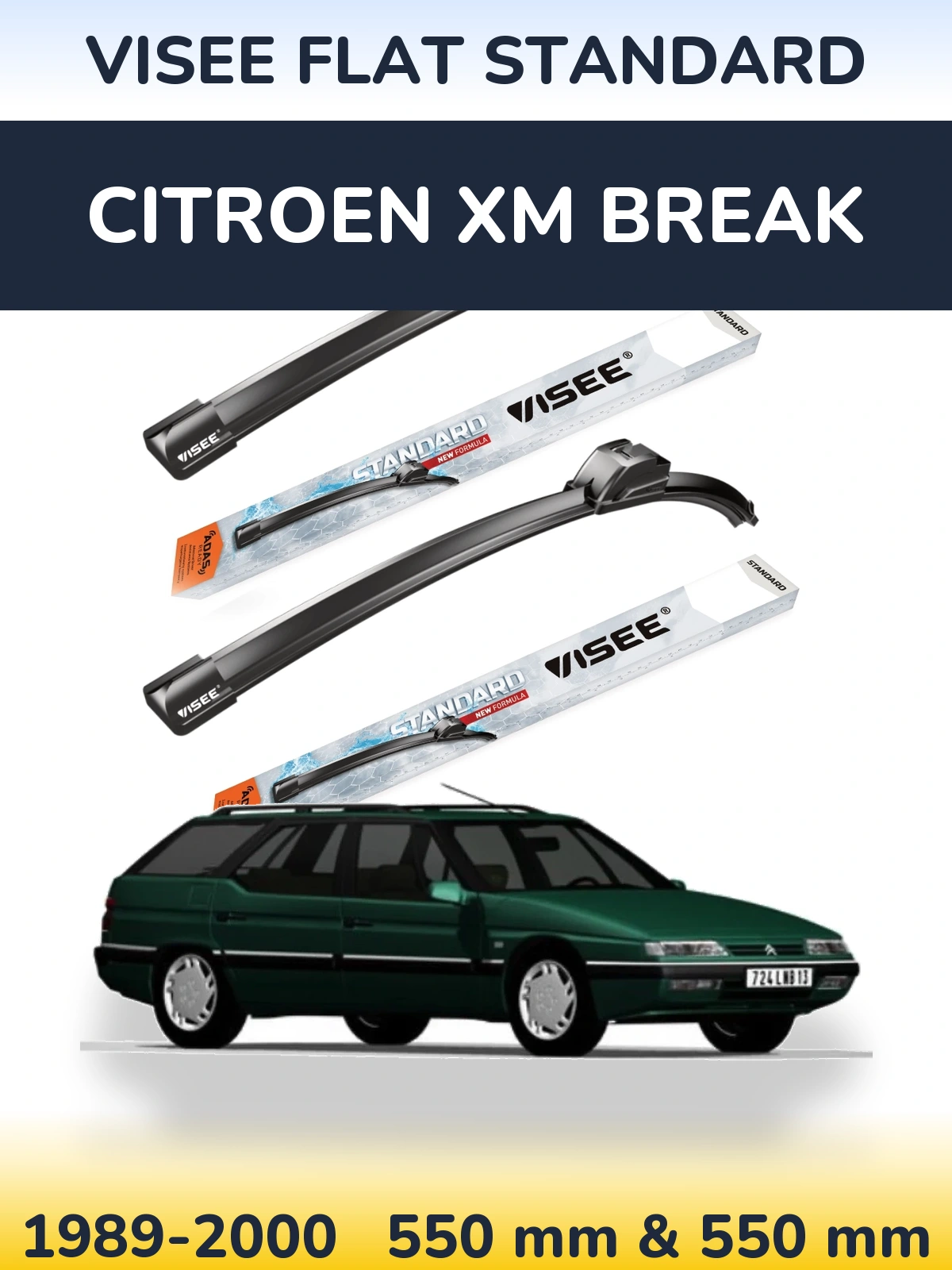 Front wiper blade set VISEE FLAT STANDARD 550 & 550 mm for Citroen XM Break 1989-2000