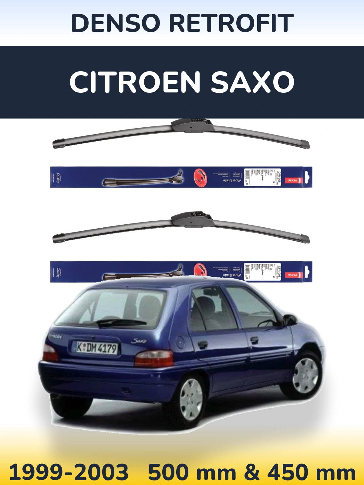 Front wiper blade set Denso Retrofit 500 & 450 mm for Citroen Saxo 1999-2003