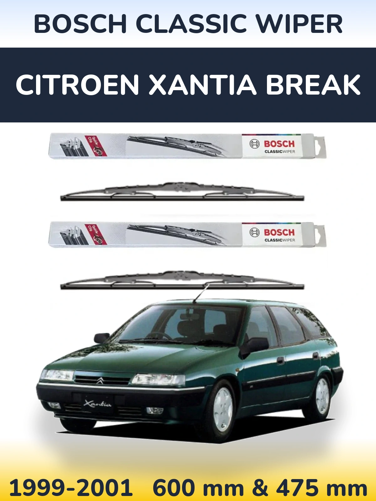 Komplet przednich wycieraczek BOSCH Classic Wiper 600 & 475 mm do Citroen Xantia Break 1999-2001