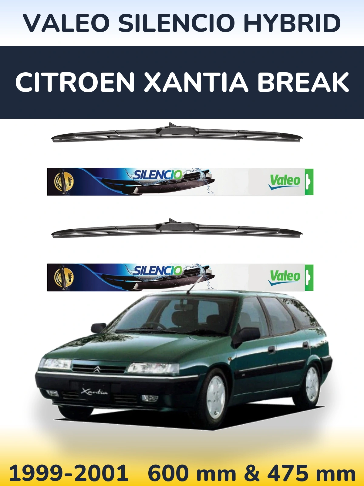 Komplet przednich wycieraczek Valeo Silencio Hybrid 600 & 475 mm do Citroen Xantia Break 1999-2001