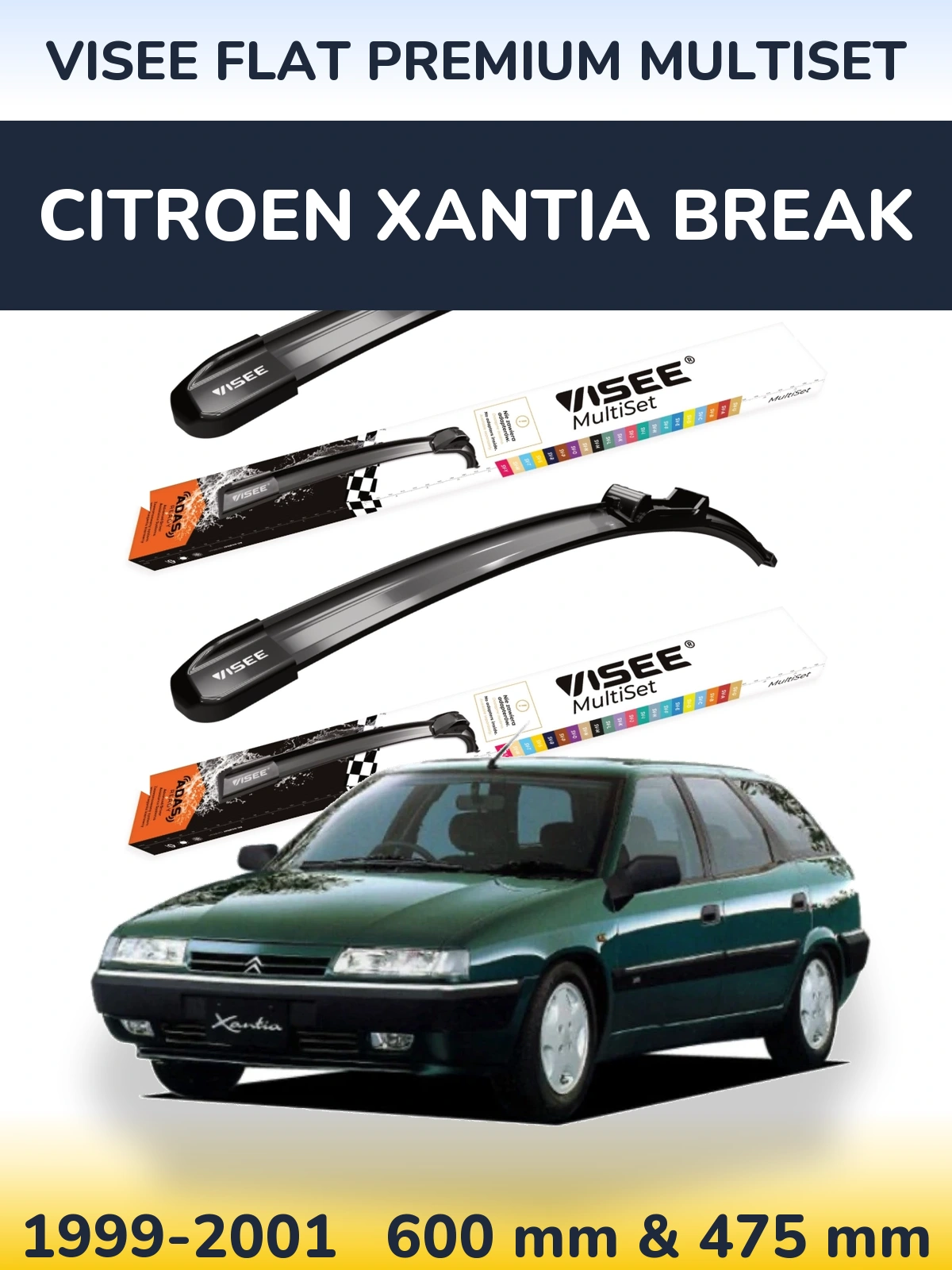 Комплект передних дворников VISEE FLAT PREMIUM MultiSet 600 & 475 мм для Citroen Xantia Break 1999-2001