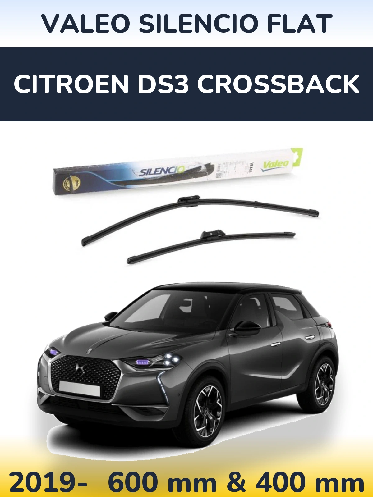 Front wiper blade set Valeo Silencio Flat 600 & 400 mm for Citroen DS3 Crossback 2019-2026