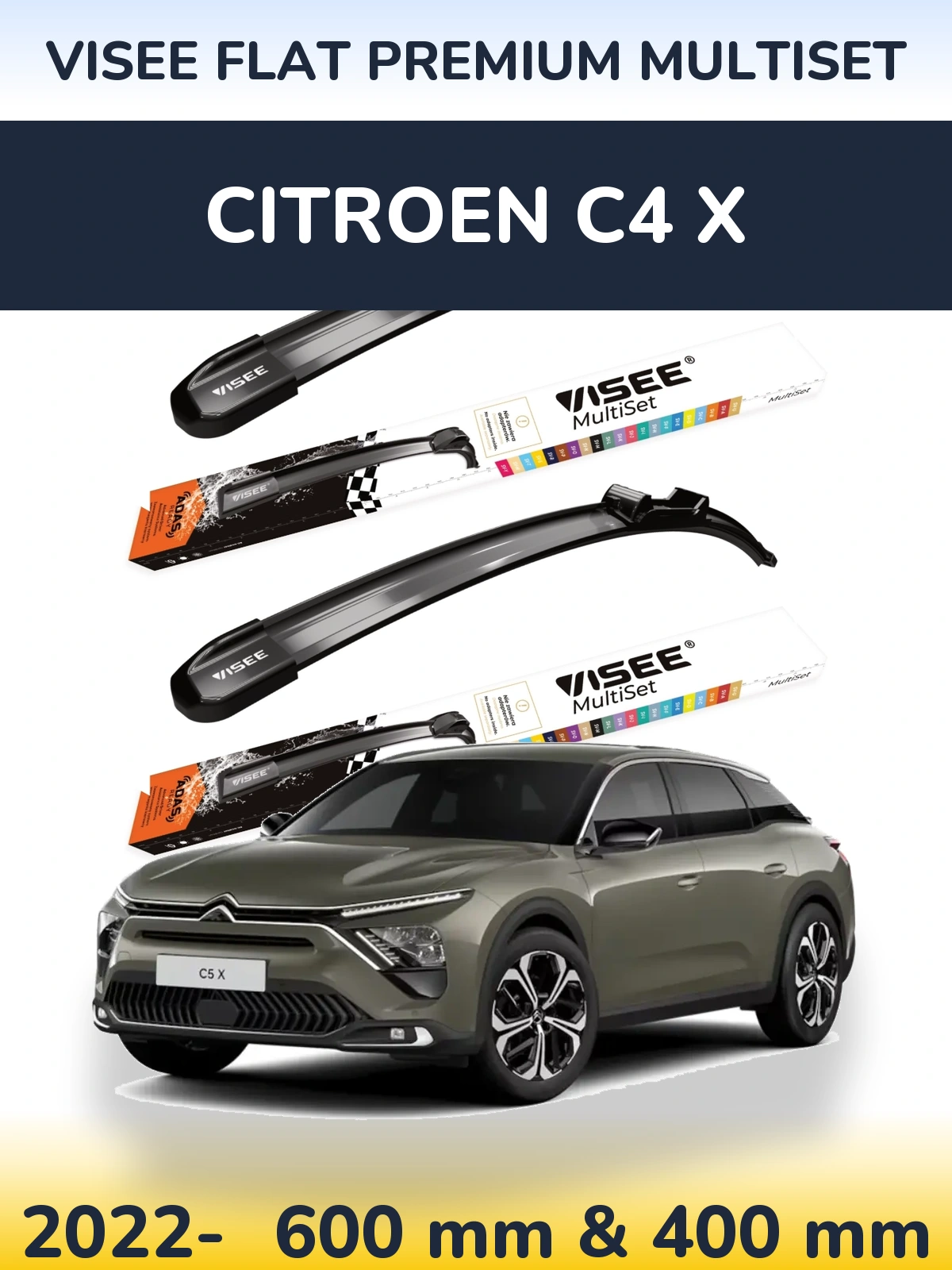 Комплект передних дворников VISEE FLAT PREMIUM MultiSet 600 & 400 мм для Citroen C4 X 2022-2026