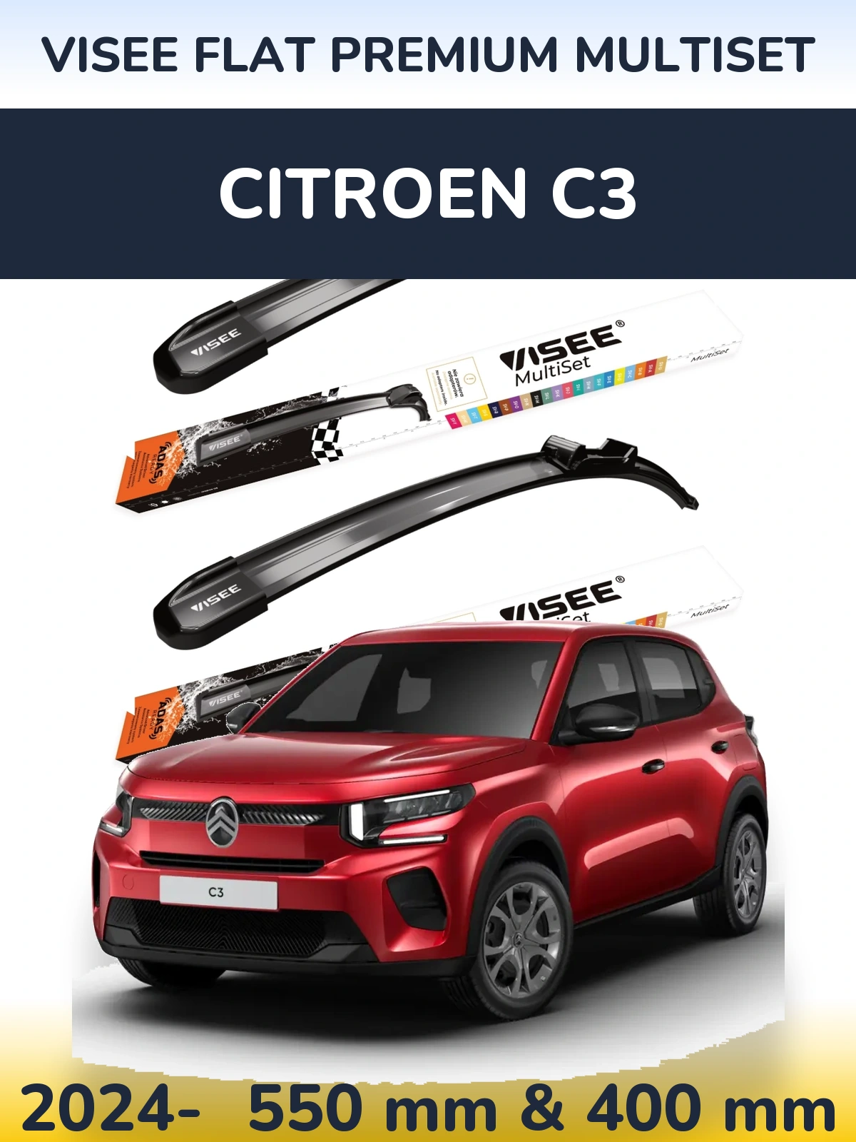Front wiper blade set VISEE FLAT PREMIUM MultiSet 550 & 400 mm for Citroen C3 2024-2026