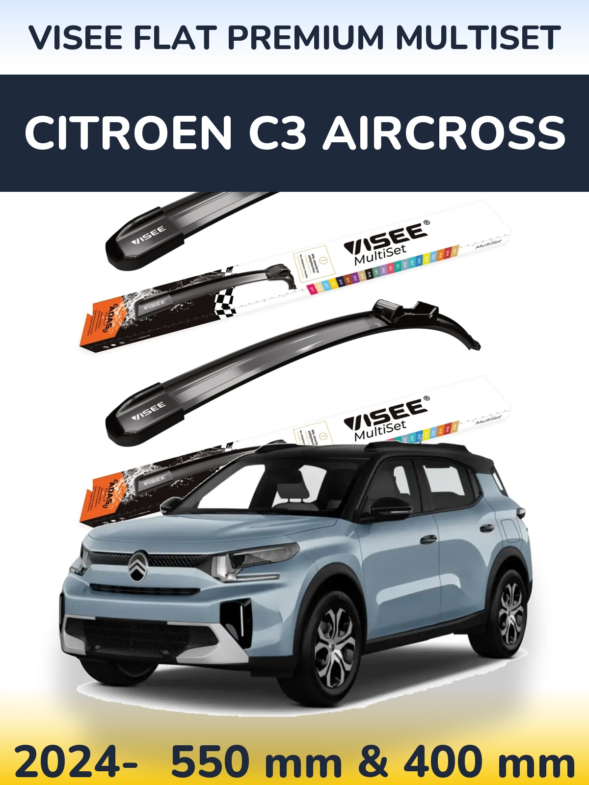 Комплект передних дворников VISEE FLAT PREMIUM MultiSet 550 & 400 мм для Citroen C3 Aircross 2024-2026