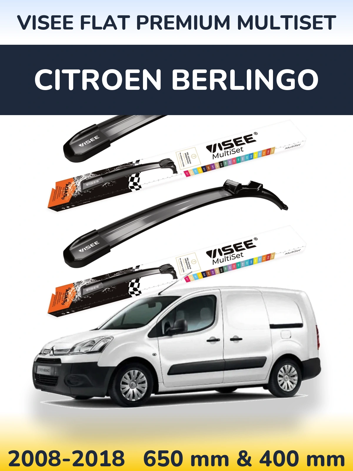 Front wiper blade set VISEE FLAT PREMIUM MultiSet 650 & 400 mm for Citroen Berlingo 2008-2018