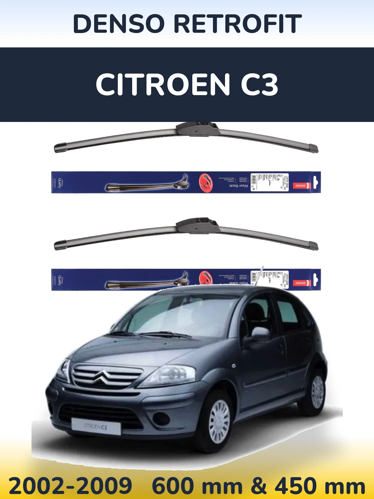 Front wiper blade set Denso Retrofit 600 & 450 mm for Citroen C3 2002-2009