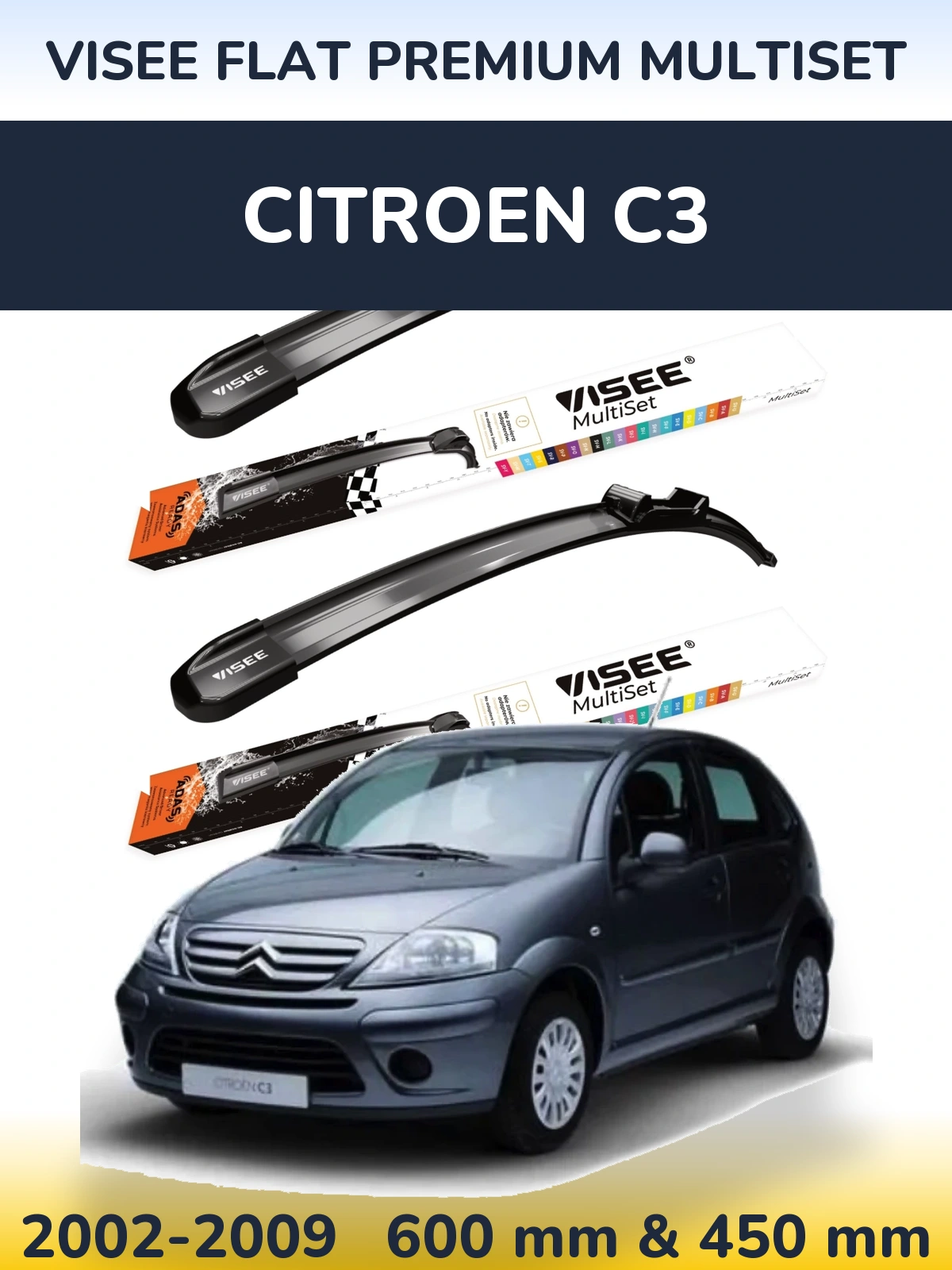 Комплект передніх щіток VISEE FLAT PREMIUM MultiSet 600 & 450 мм для Citroen C3 2002-2009