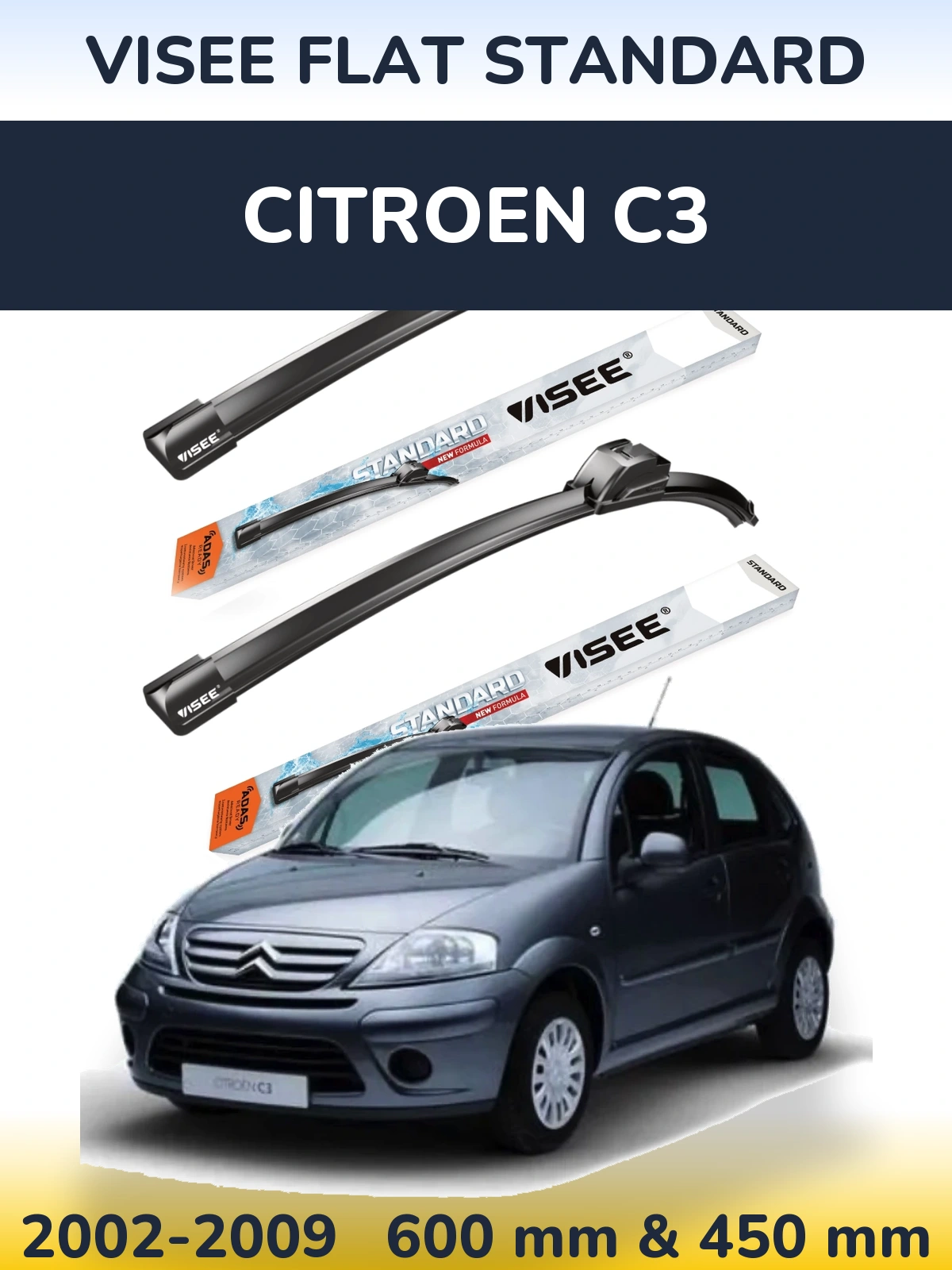 Front wiper blade set VISEE FLAT STANDARD 600 & 450 mm for Citroen C3 2002-2009
