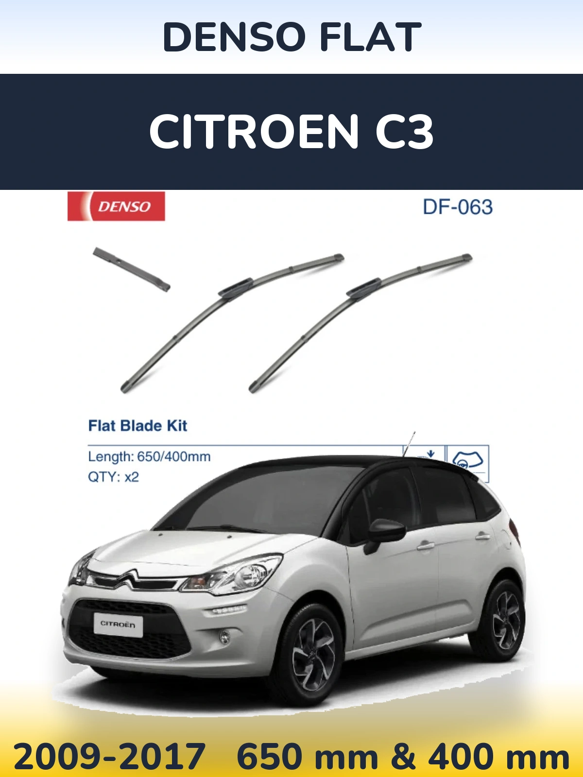 Front wiper blade set Denso Flat 650 & 400 mm for Citroen C3 2009-2017