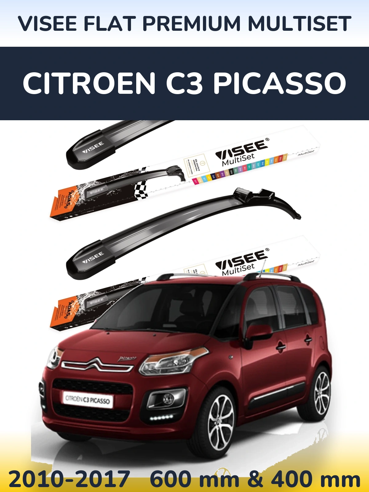 Komplet przednich wycieraczek VISEE FLAT PREMIUM MultiSet 600 & 400 mm do Citroen C3 Picasso 2010-2017