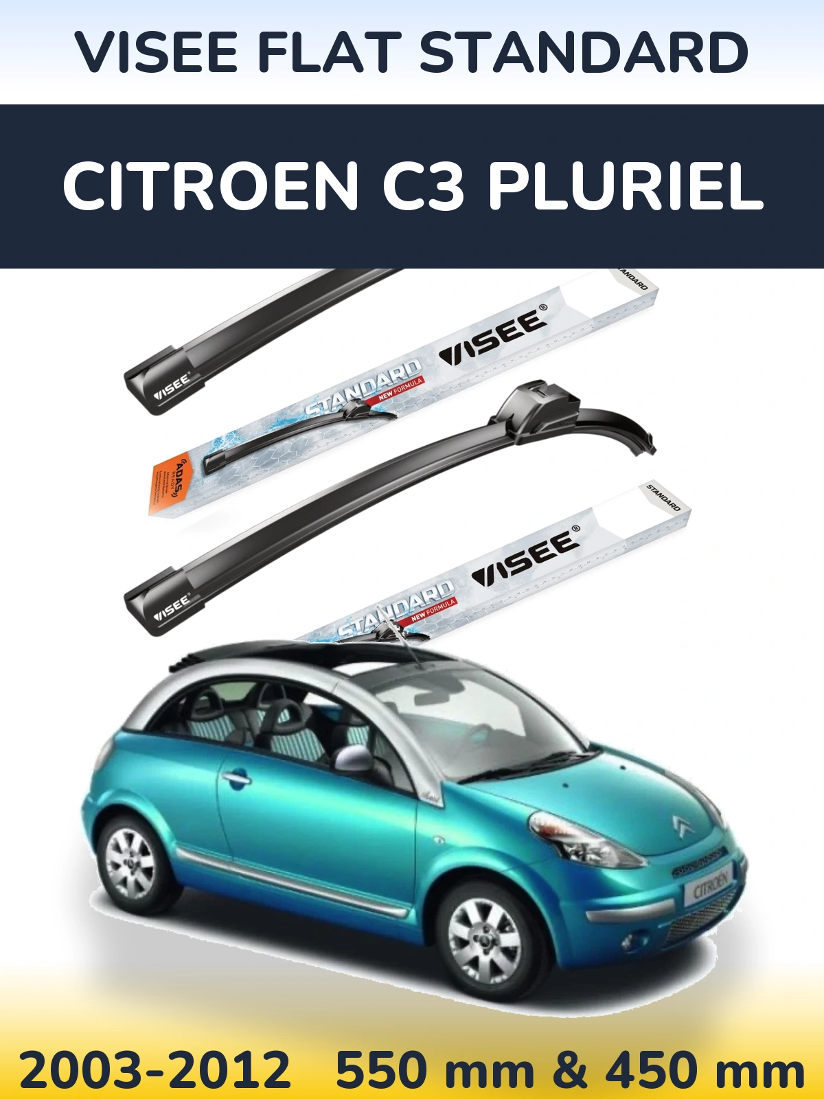 Front wiper blade set VISEE FLAT STANDARD 550 & 450 mm for Citroen C3 Pluriel 2003-2012