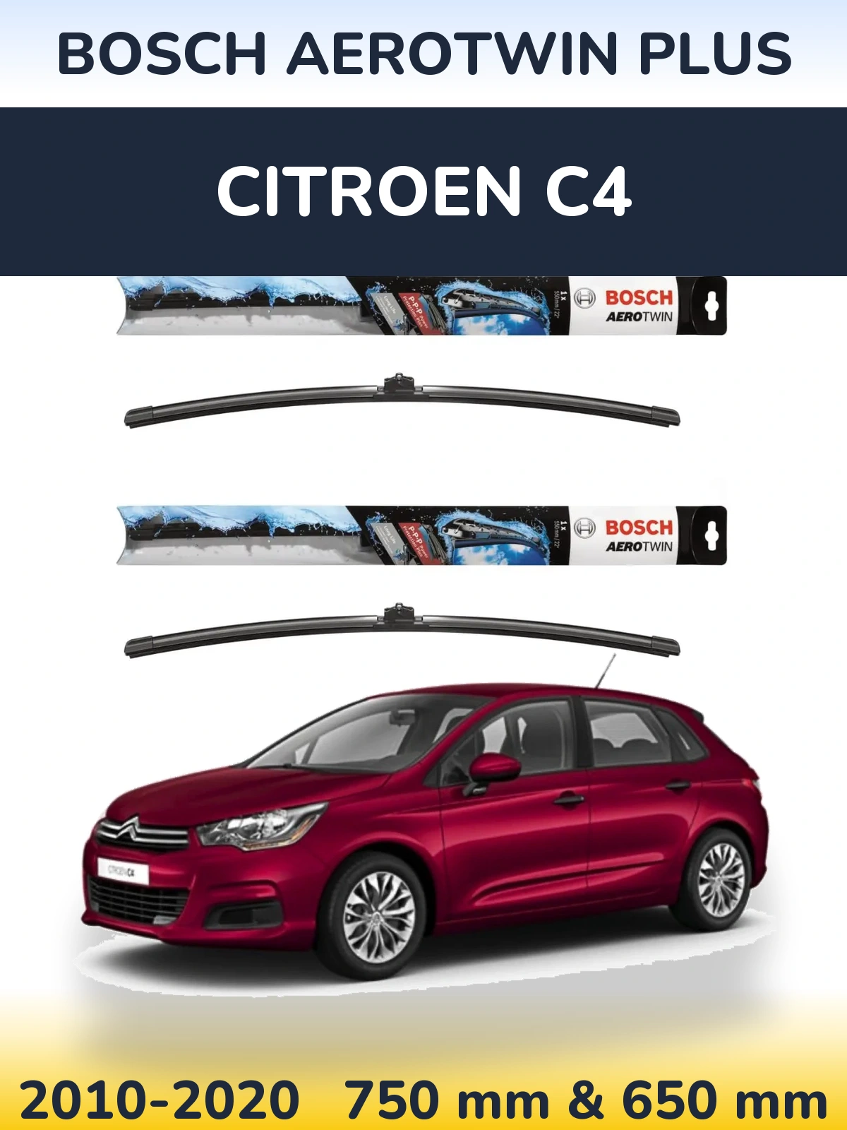 Front wiper blade set BOSCH AeroTwin Plus 750 & 650 mm for Citroen C4 2010-2020
