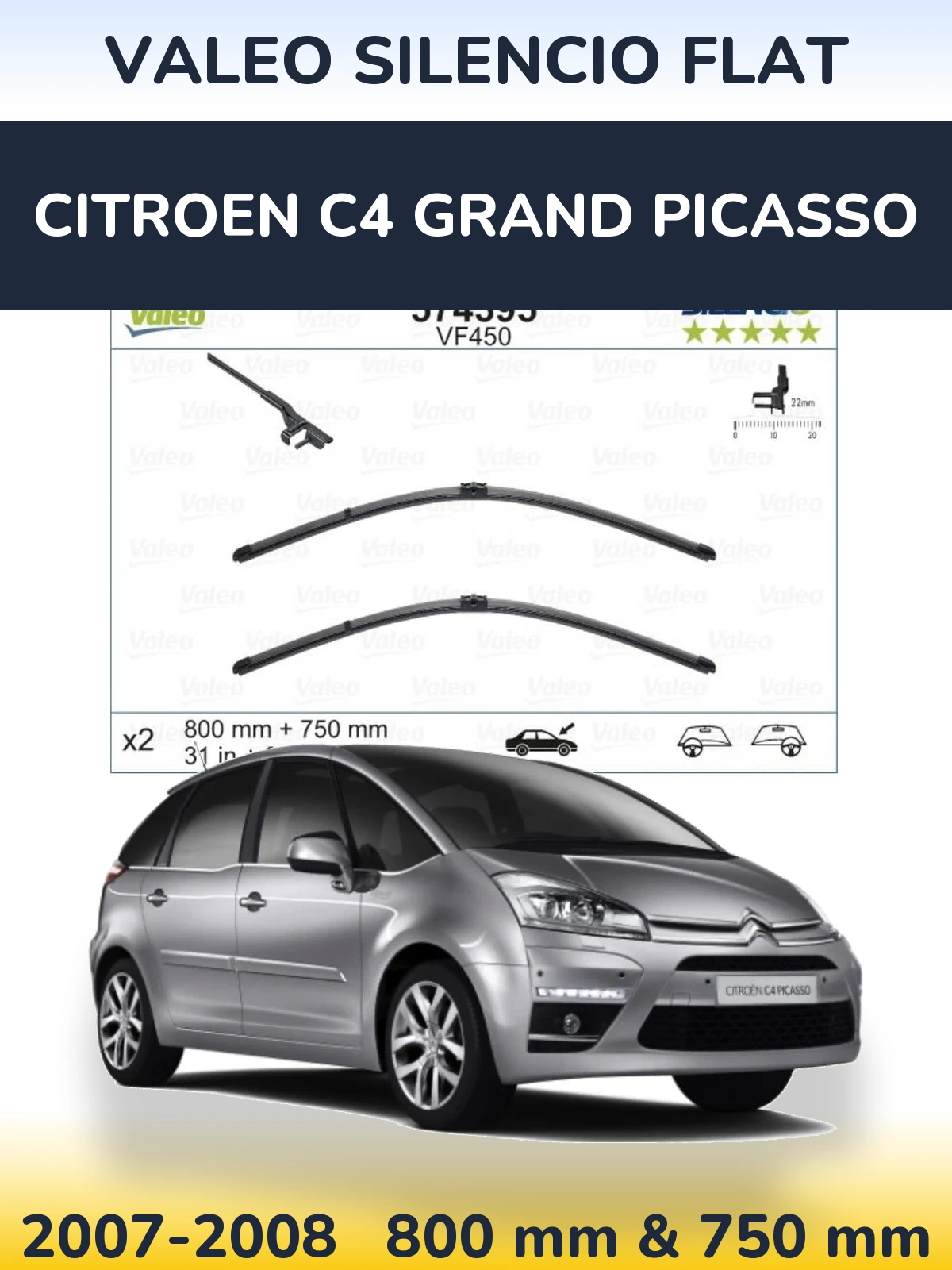 Комплект передних дворников Valeo Silencio Flat 800 & 750 мм для Citroen C4 Grand Picasso 2007-2008