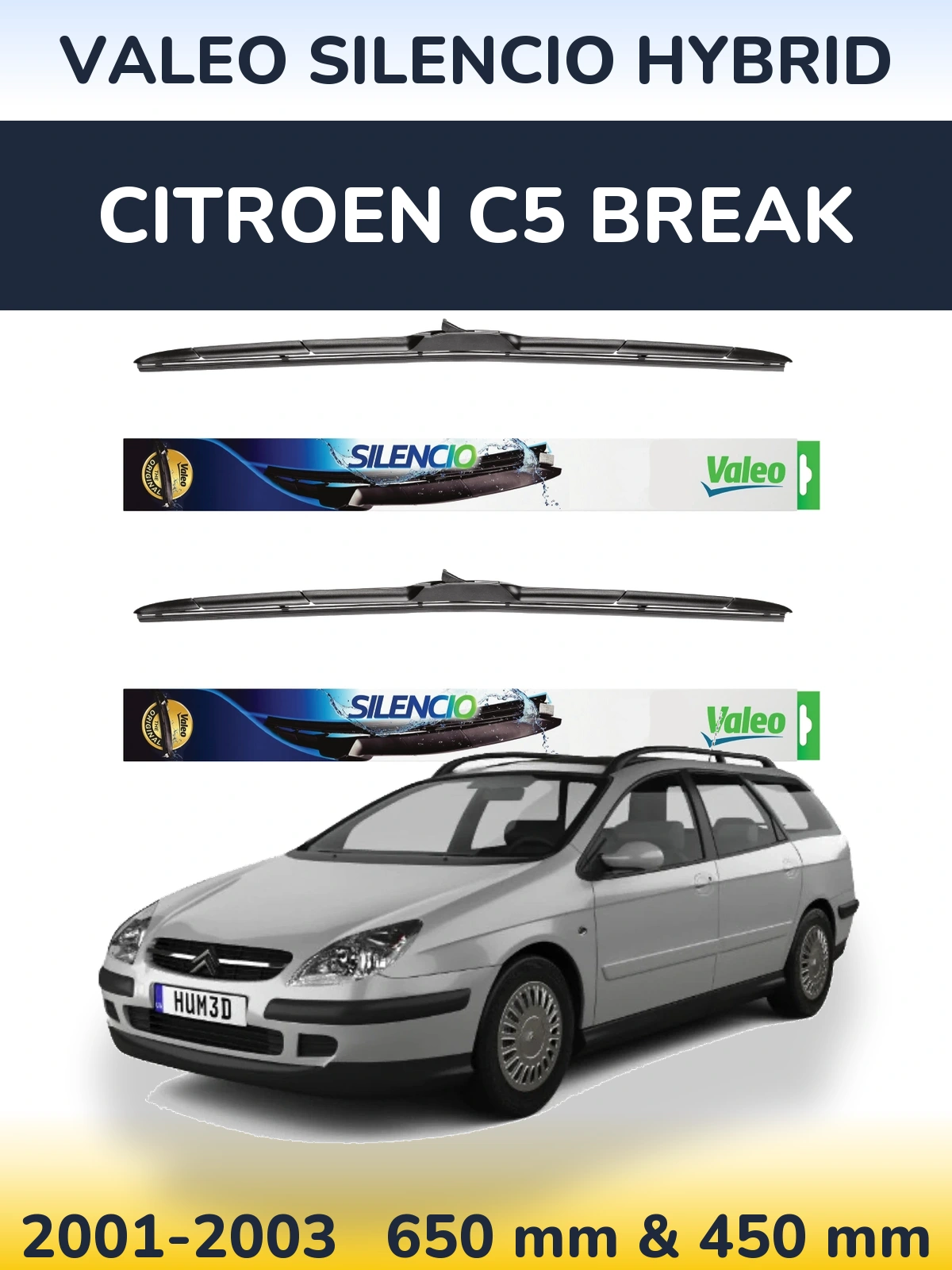 Front wiper blade set Valeo Silencio Hybrid 650 & 450 mm for Citroen C5 Break 2001-2003
