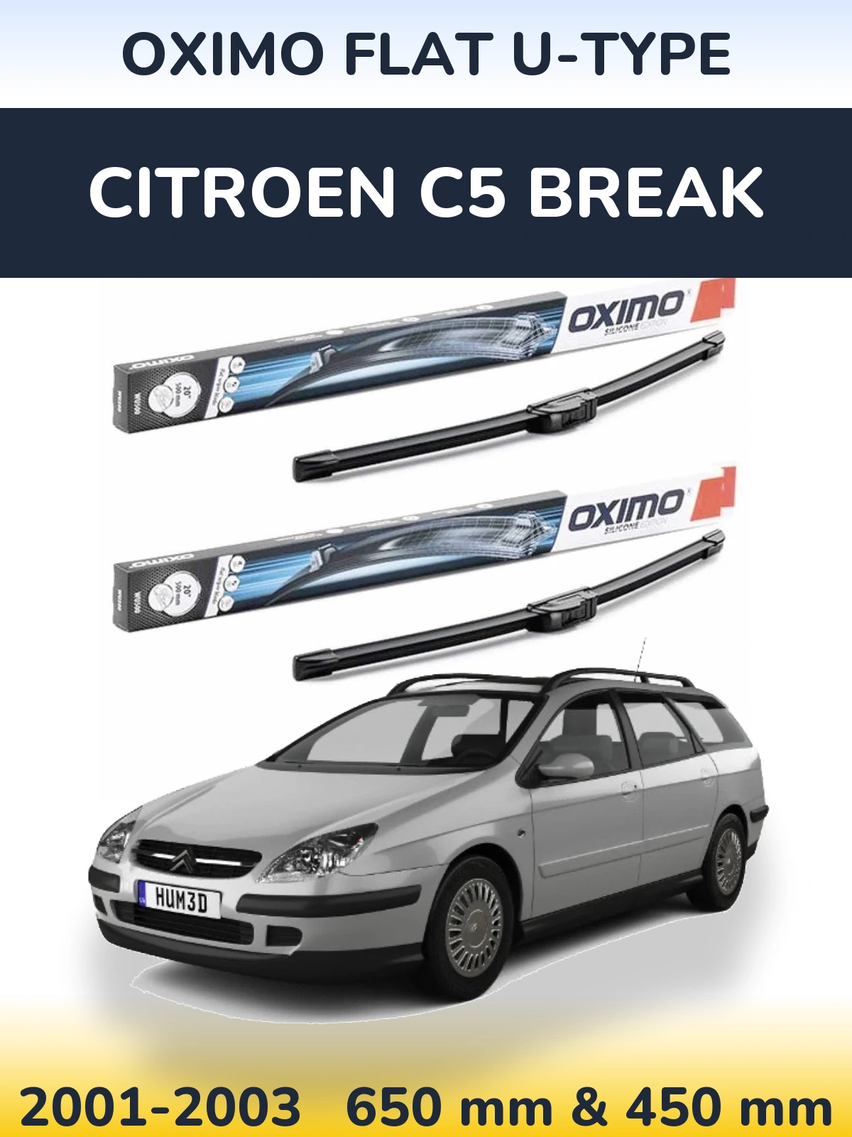 Front wiper blade set Oximo Flat U-type 650 & 450 mm for Citroen C5 Break 2001-2003