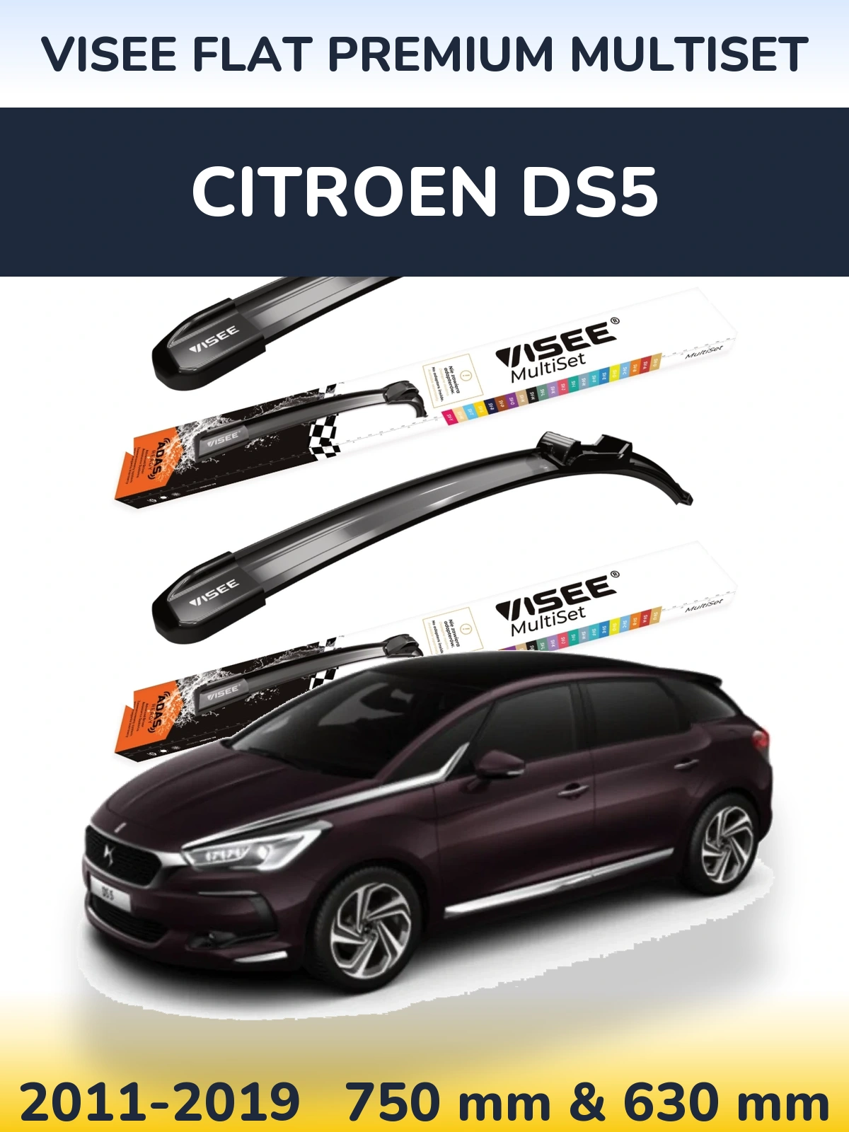 Комплект передних дворников VISEE FLAT PREMIUM MultiSet 750 & 630 мм для Citroen DS5 2011-2019