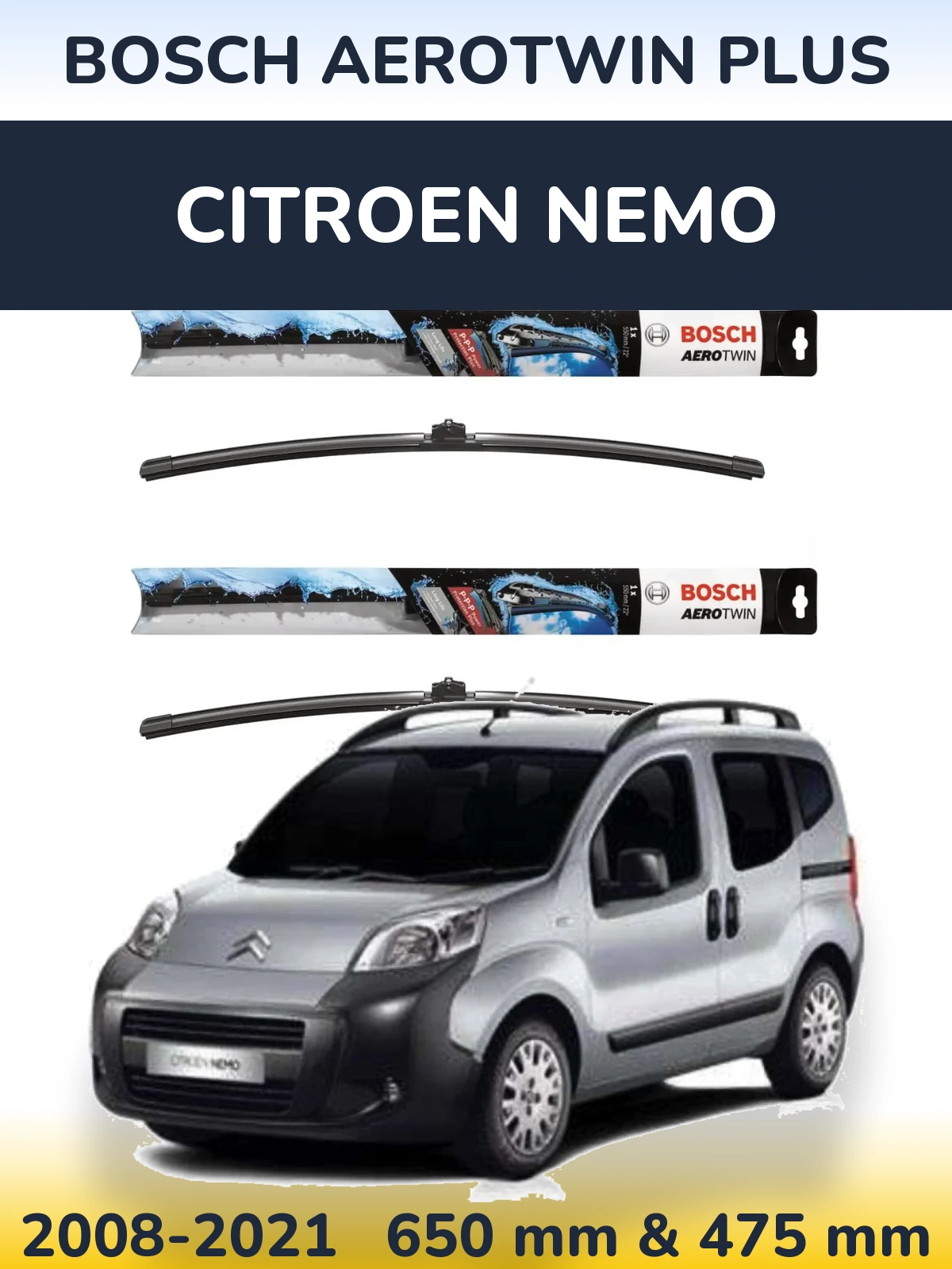 Комплект передних дворников BOSCH AeroTwin Plus 650 & 475 мм для Citroen Nemo 2008-2021