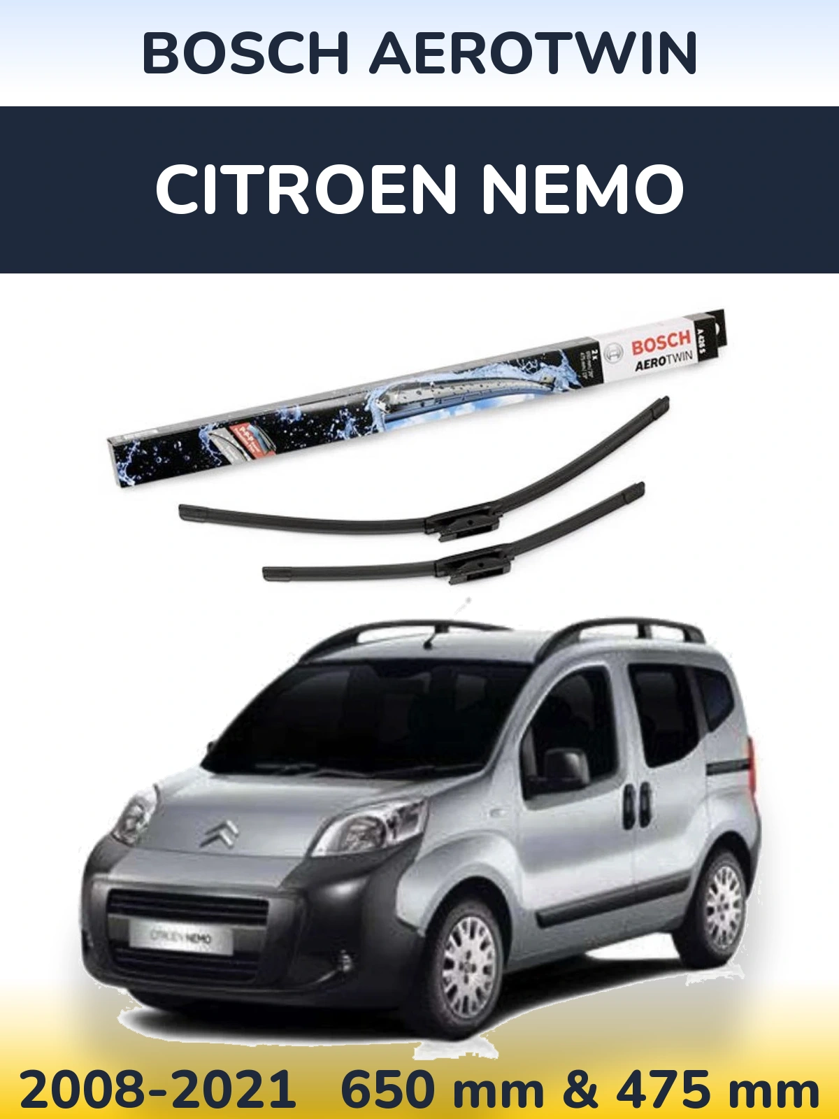 Komplet przednich wycieraczek BOSCH AeroTwin 650 & 475 mm do Citroen Nemo 2008-2021
