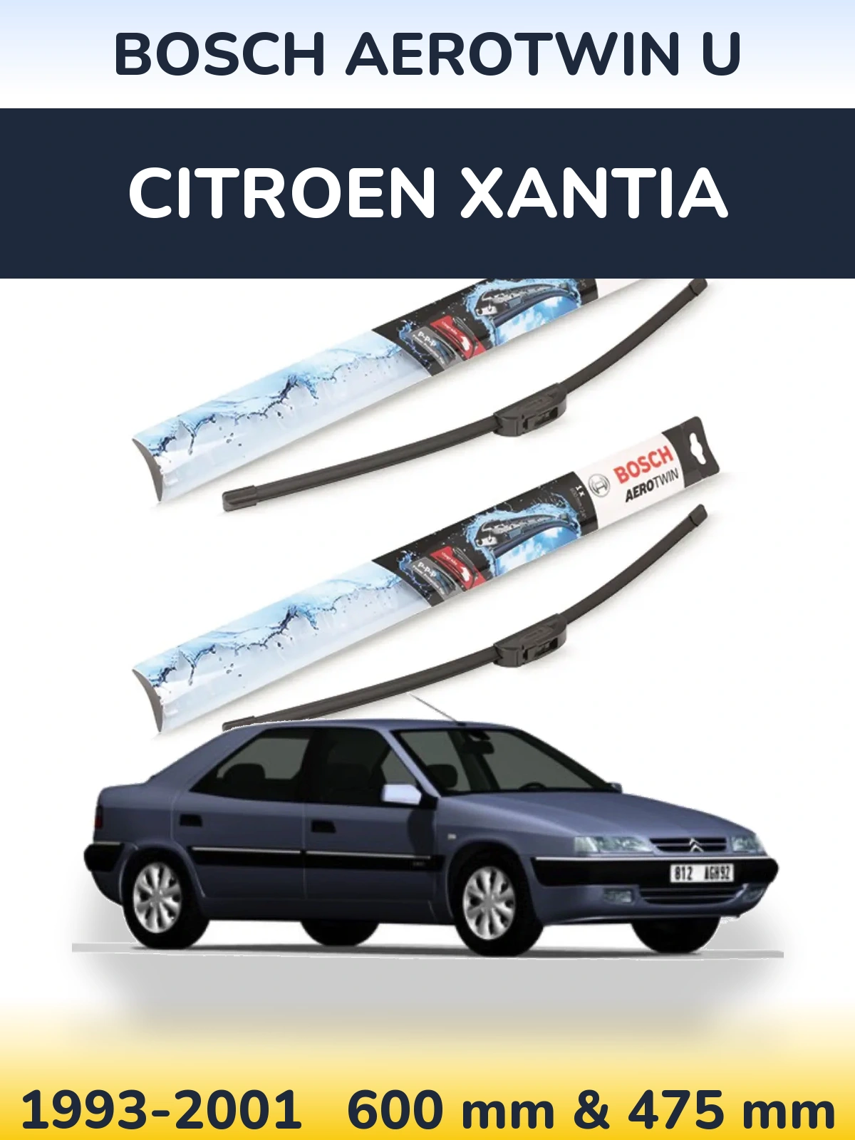 Komplet przednich wycieraczek BOSCH AeroTwin U 600 & 475 mm do Citroen Xantia 1993-2001