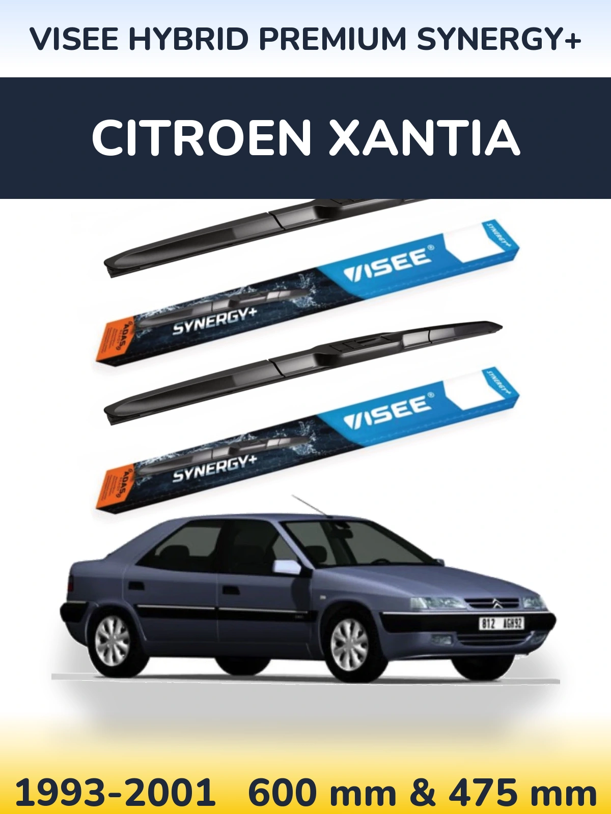 Front wiper blade set VISEE HYBRID PREMIUM SYNERGY+ 600 & 475 mm for Citroen Xantia 1993-2001