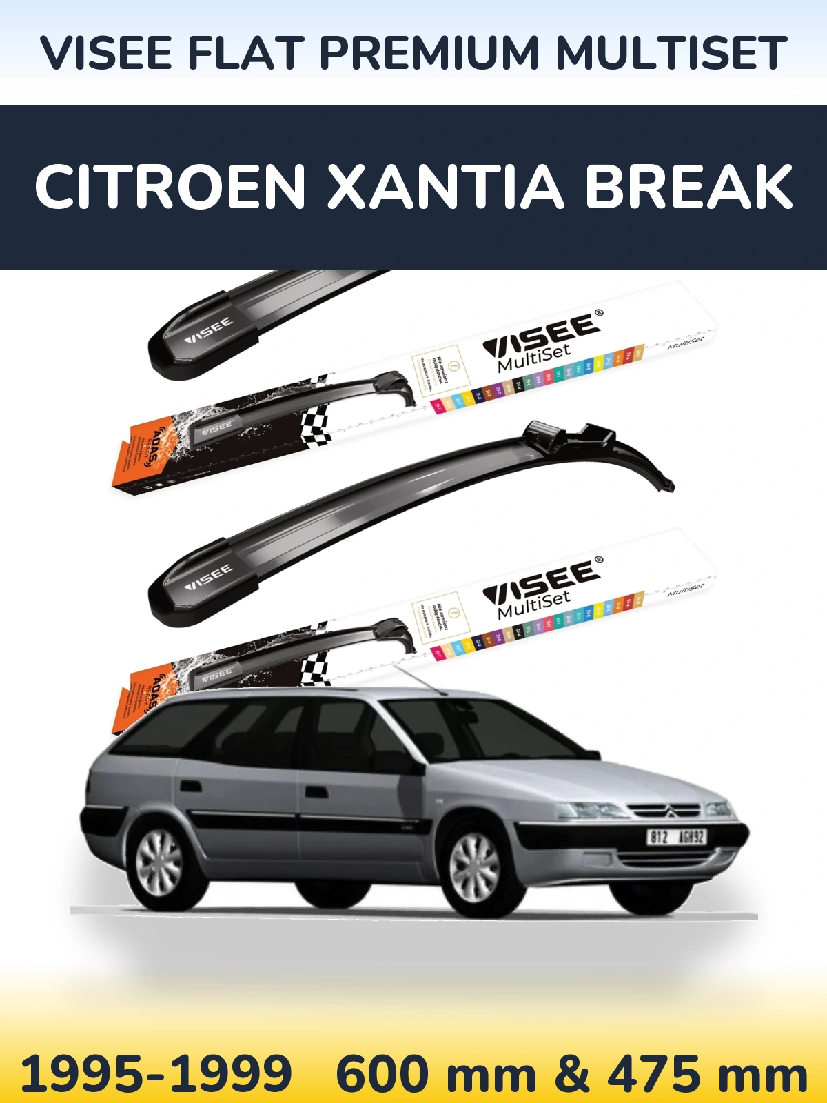Комплект передних дворников VISEE FLAT PREMIUM MultiSet 600 & 475 мм для Citroen Xantia Break 1995-1999