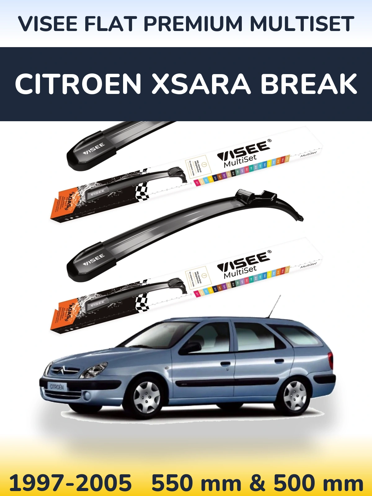Komplet przednich wycieraczek VISEE FLAT PREMIUM MultiSet 550 & 500 mm do Citroen Xsara Break 1997-2005