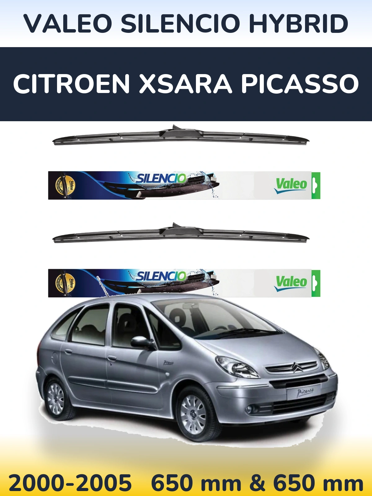 Komplet przednich wycieraczek Valeo Silencio Hybrid 650 & 650 mm do Citroen Xsara Picasso 2000-2005