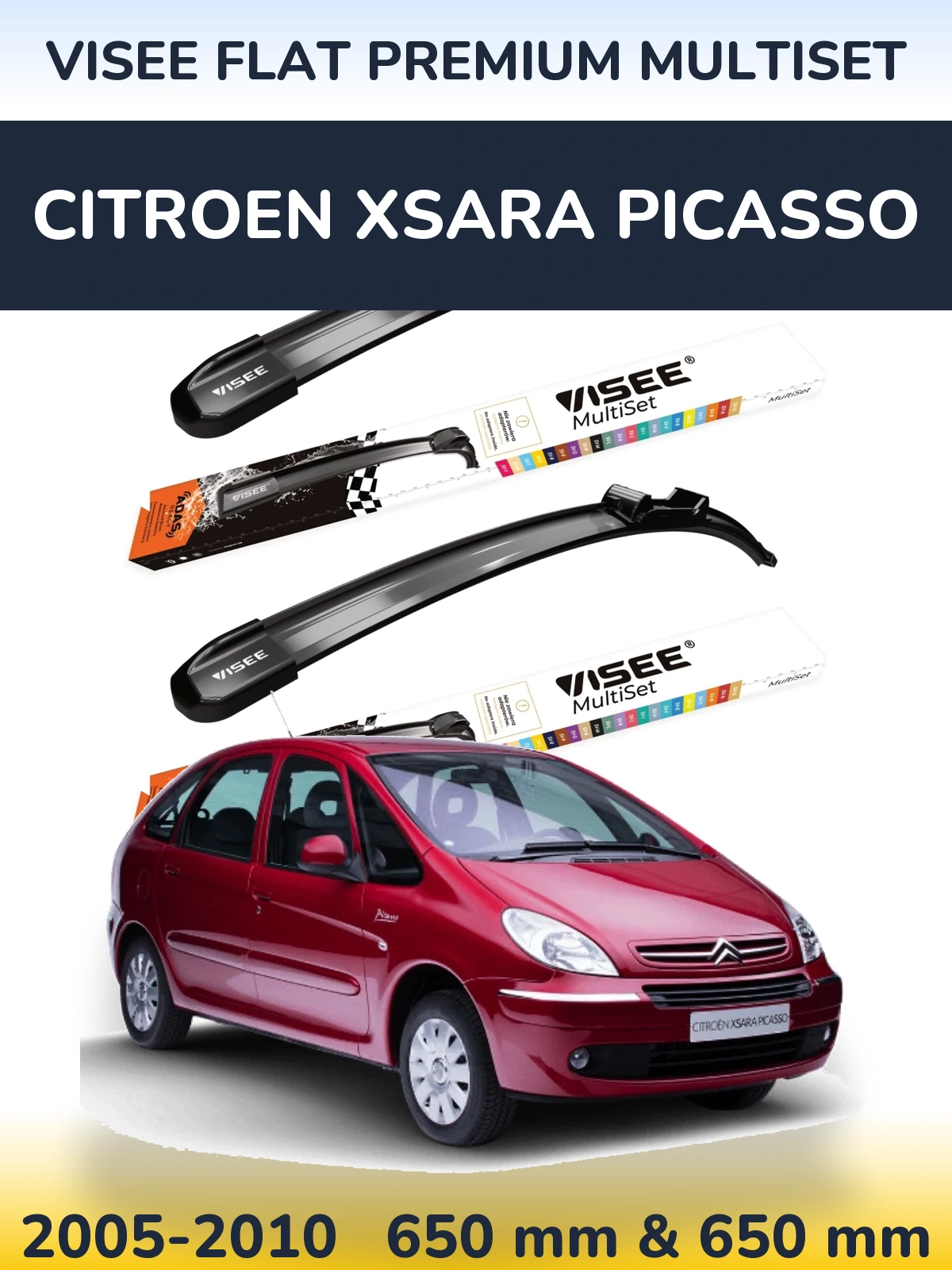 Komplet przednich wycieraczek VISEE FLAT PREMIUM MultiSet 650 & 650 mm do Citroen Xsara Picasso 2005-2010