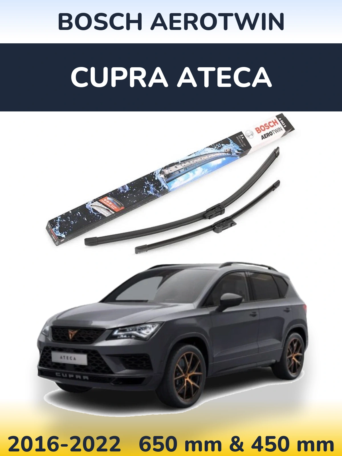 Комплект передних дворников BOSCH AeroTwin 650 & 450 мм для Cupra Ateca 2016-2022