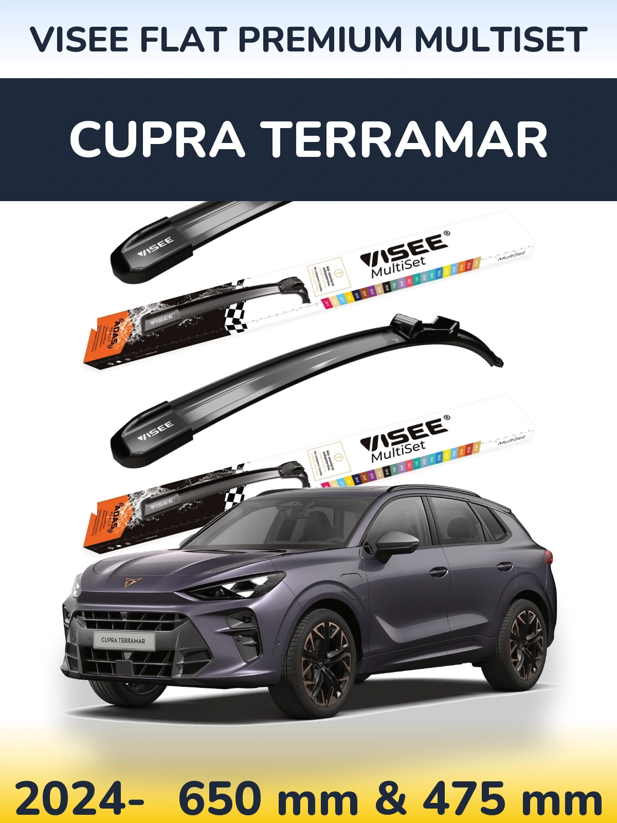 Front wiper blade set VISEE FLAT PREMIUM MultiSet 650 & 475 mm for Cupra Terramar 2024-2026
