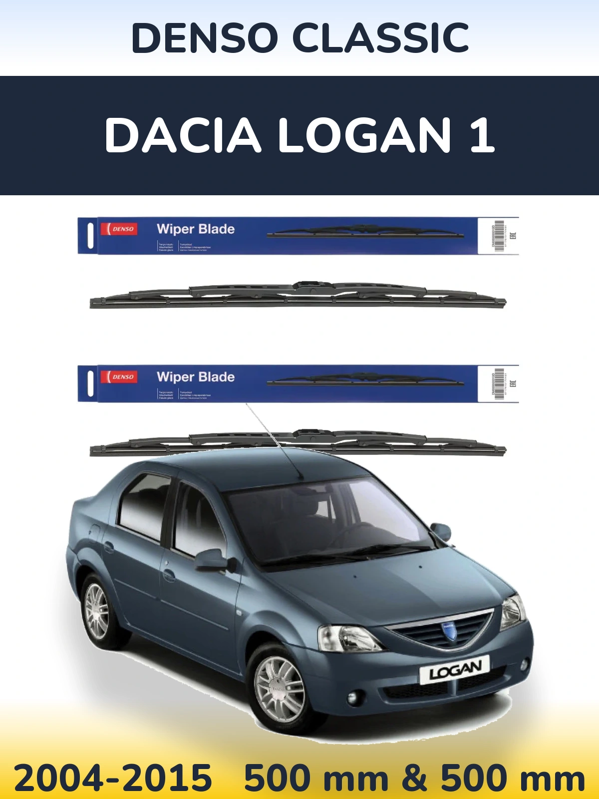 Front wiper blade set Denso Classic 500 & 500 mm for Dacia Logan 1 2004-2015