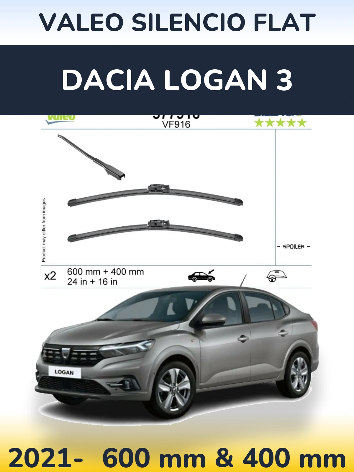 Комплект передних дворников Valeo Silencio Flat 600 & 400 мм для Dacia Logan 3 2021-2026