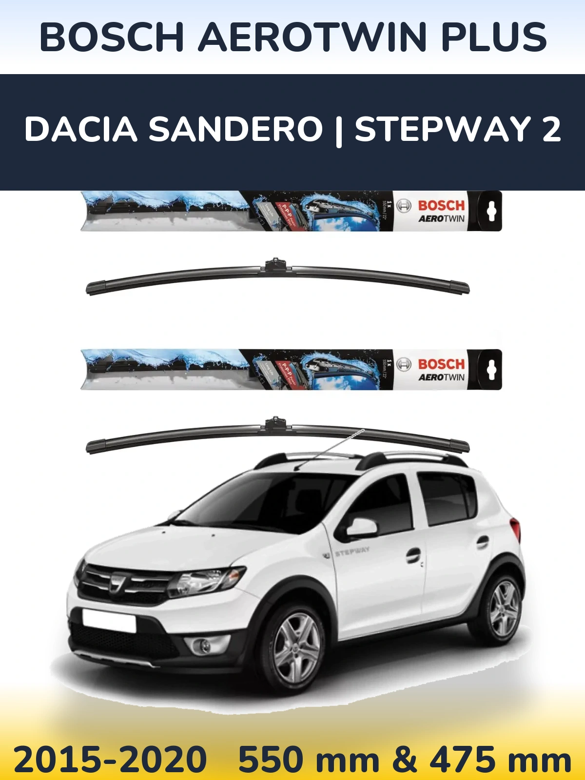 Комплект передних дворников BOSCH AeroTwin Plus 550 & 475 мм для Dacia Sandero | Stepway 2 2015-2020