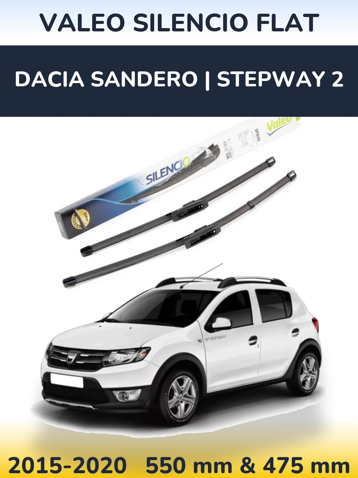 Front wiper blade set Valeo Silencio Flat 550 & 475 mm for Dacia Sandero | Stepway 2 2015-2020