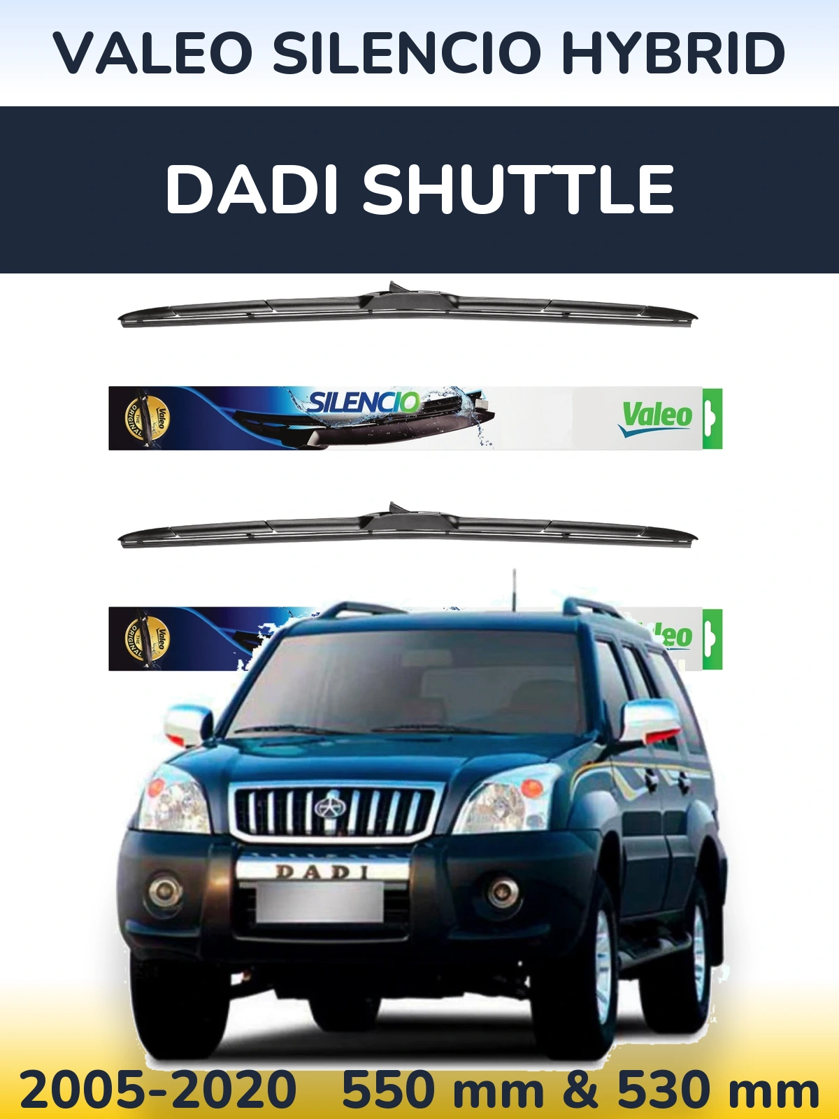 Front wiper blade set Valeo Silencio Hybrid 550 & 530 mm for Dadi Shuttle 2005-2020