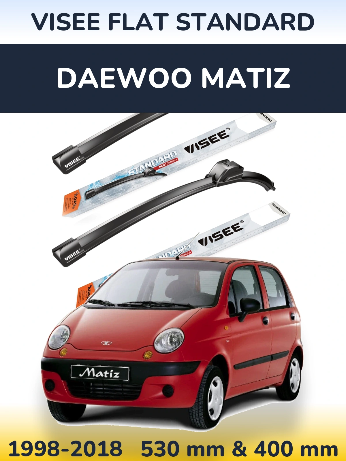 Комплект передних дворников VISEE FLAT STANDARD 530 & 400 мм для Daewoo Matiz 1998-2018