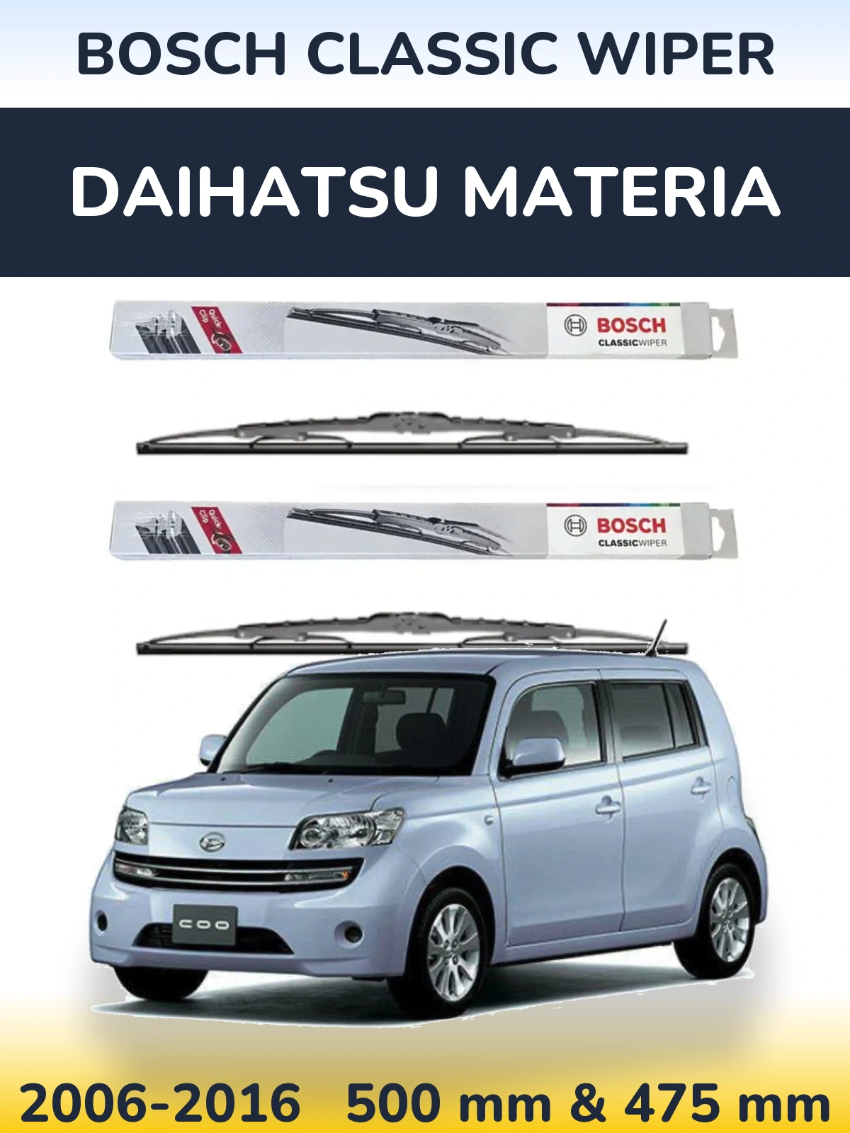 Комплект передніх щіток BOSCH Classic Wiper 500 & 475 мм для Daihatsu Materia 2006-2016