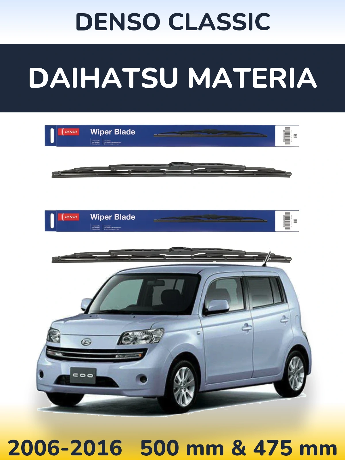 Front wiper blade set Denso Classic 500 & 475 mm for Daihatsu Materia 2006-2016