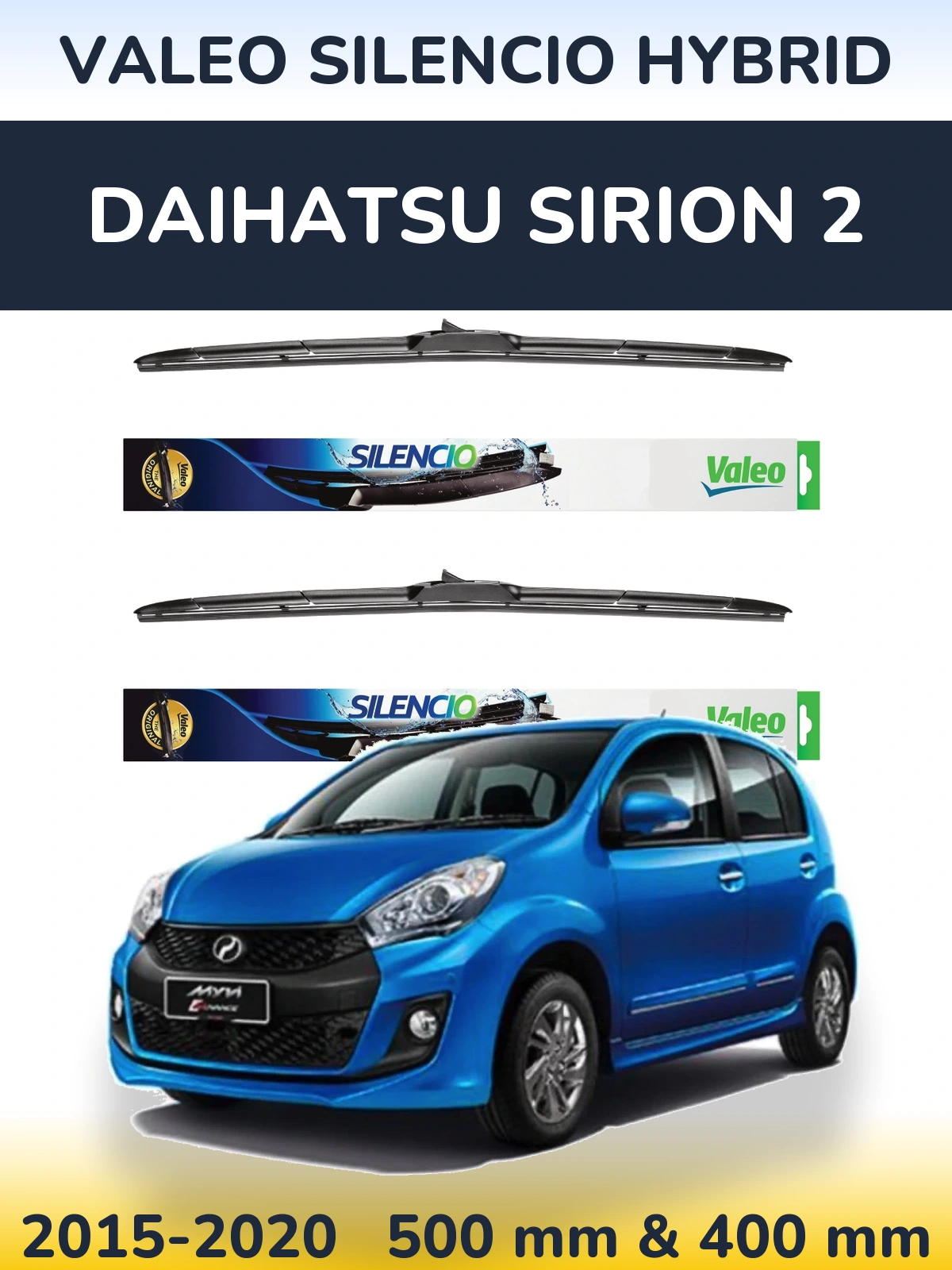 Front wiper blade set Valeo Silencio Hybrid 500 & 400 mm for Daihatsu SIrion 2 2015-2020