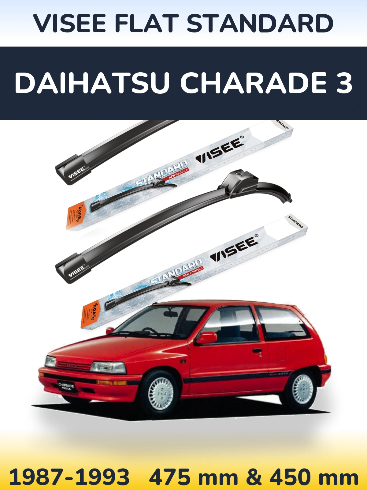 Front wiper blade set VISEE FLAT STANDARD 475 & 450 mm for Daihatsu Charade 3 1987-1993