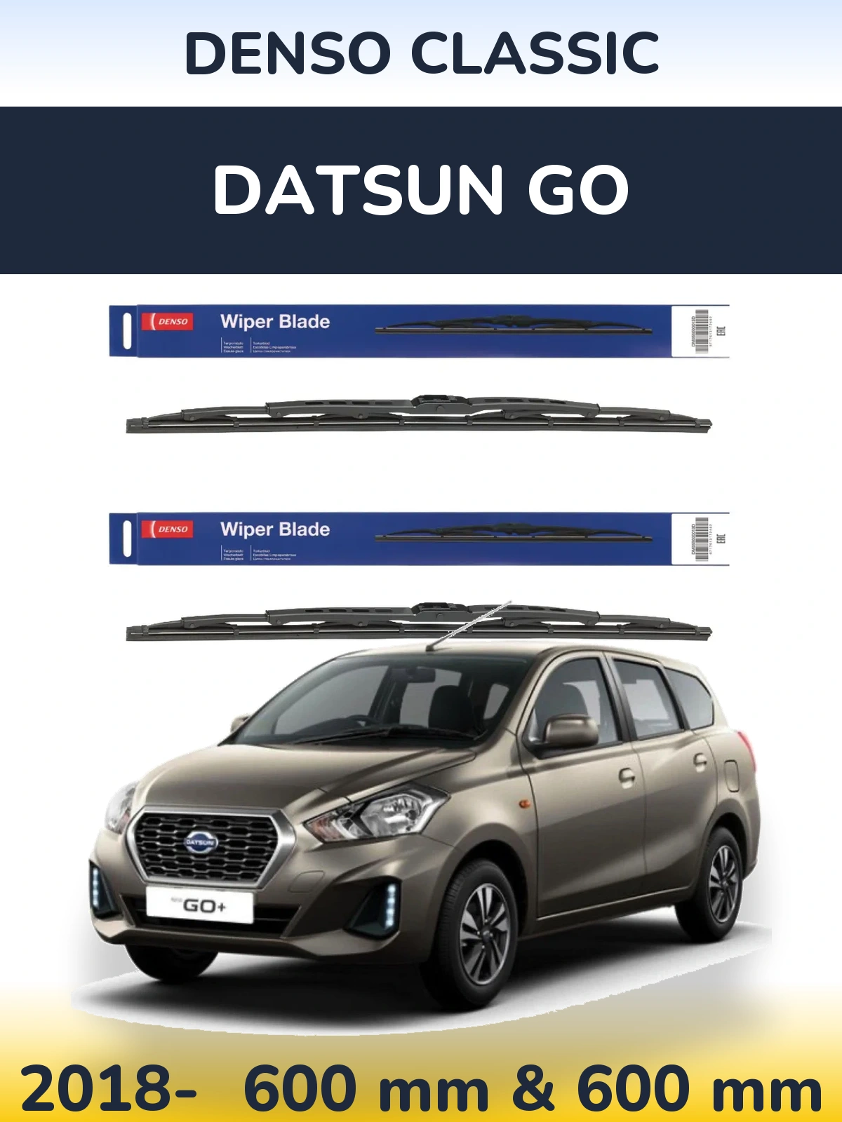 Front wiper blade set Denso Classic 600 & 600 mm for Datsun Go 2018-2026