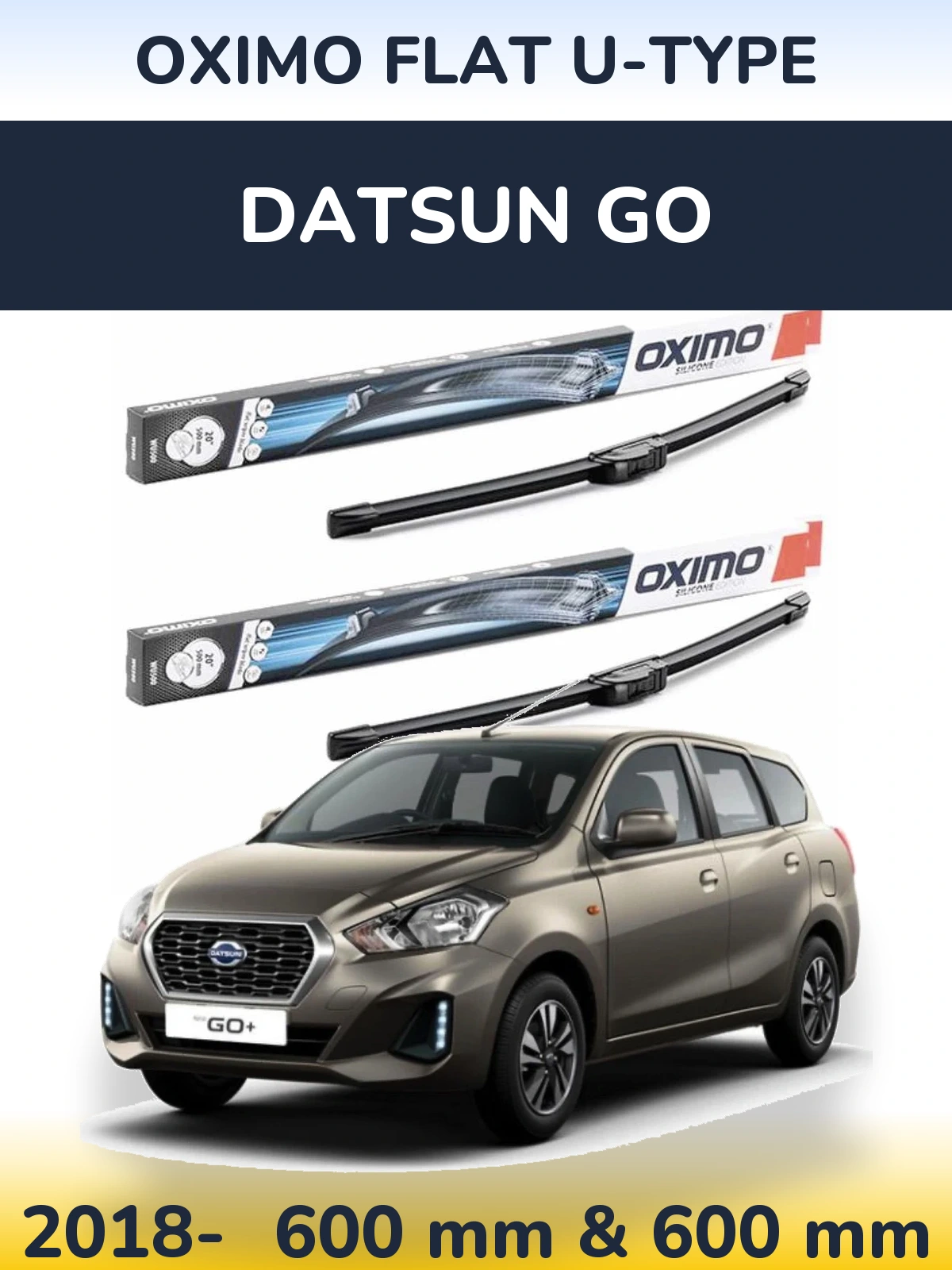 Front wiper blade set Oximo Flat U-type 600 & 600 mm for Datsun Go 2018-2026