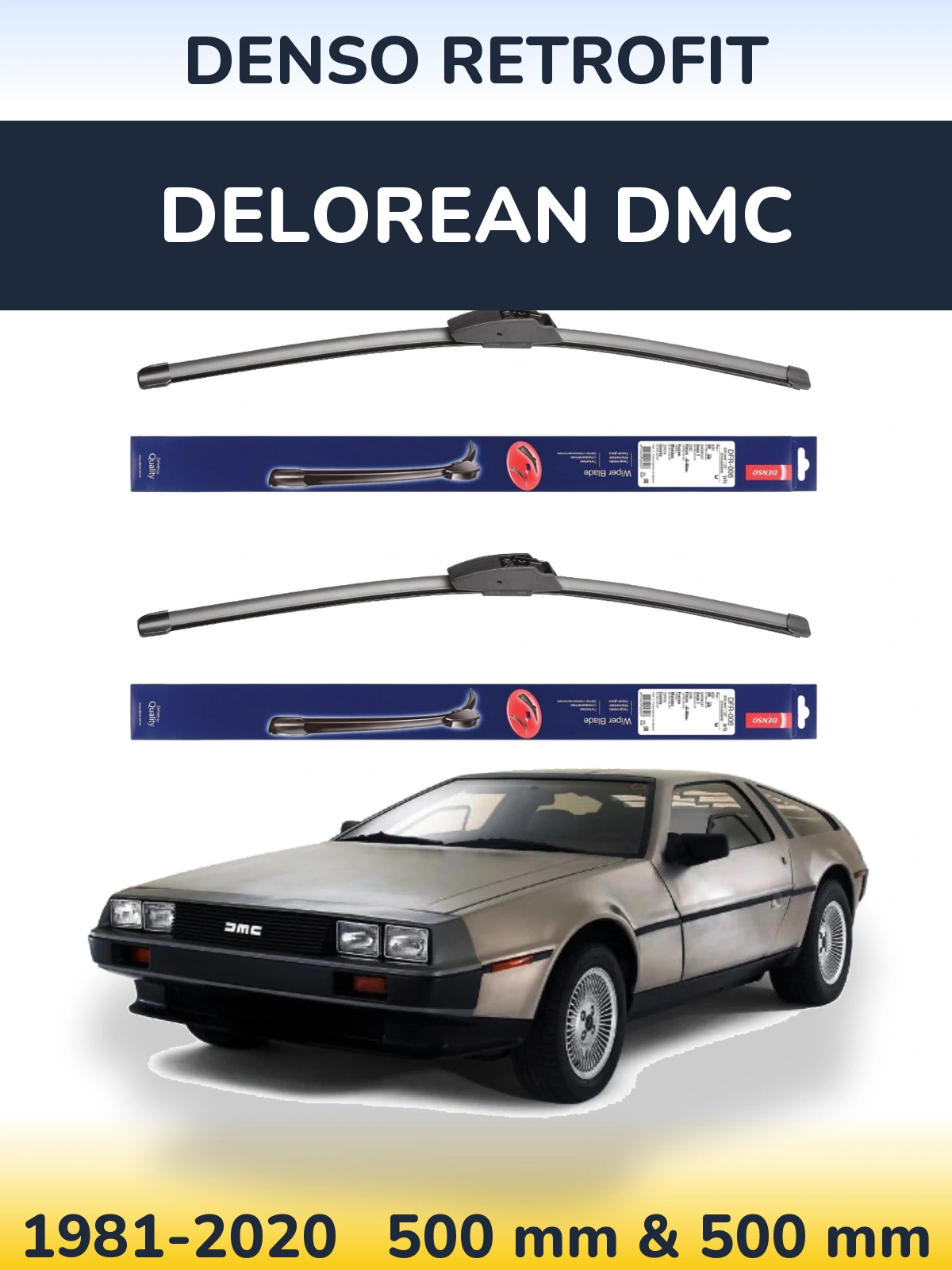 Komplet przednich wycieraczek Denso Retrofit 500 & 500 mm do DeLorean DMC 1981-2020