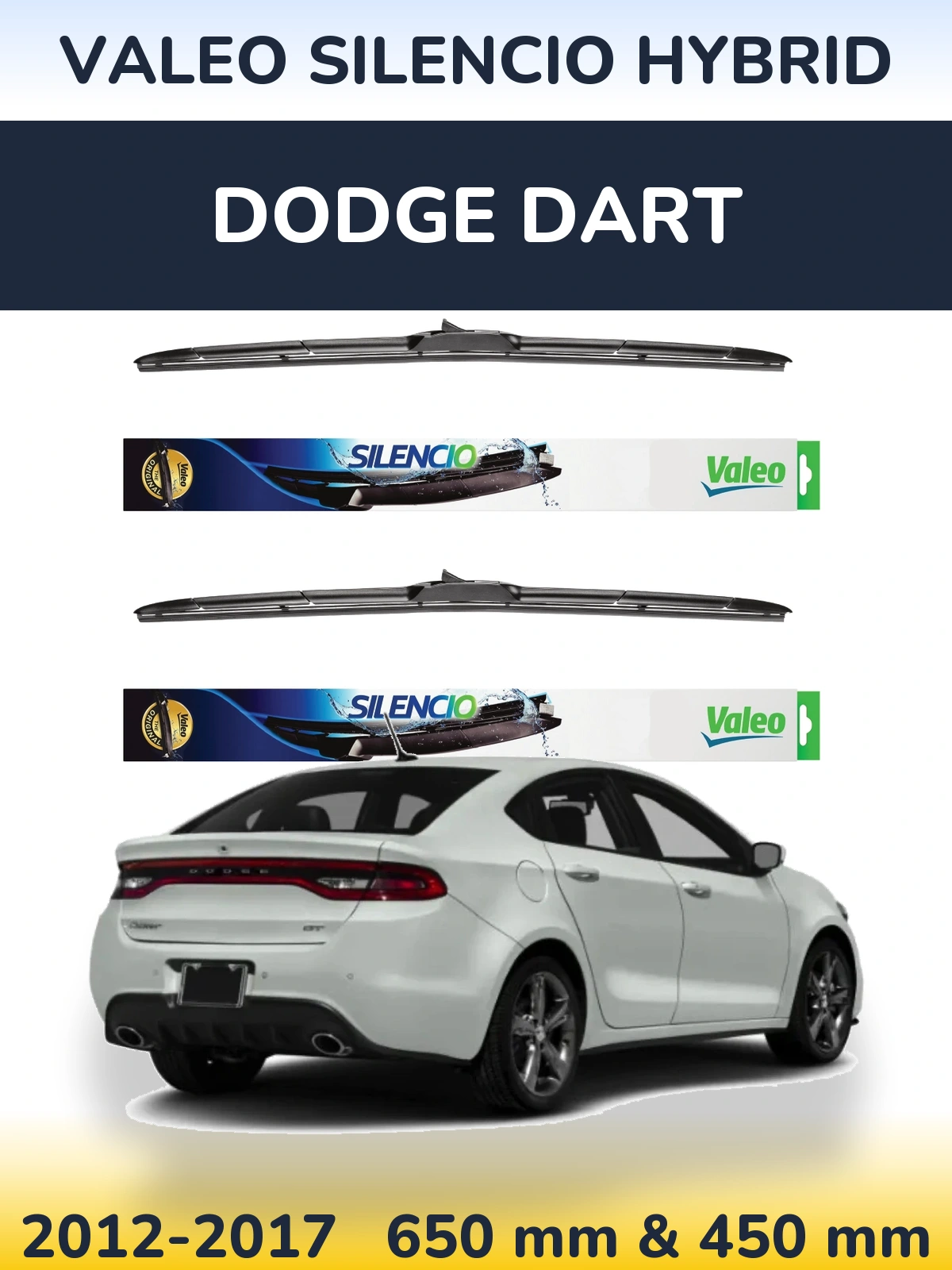 Front wiper blade set Valeo Silencio Hybrid 650 & 450 mm for Dodge Dart 2012-2017