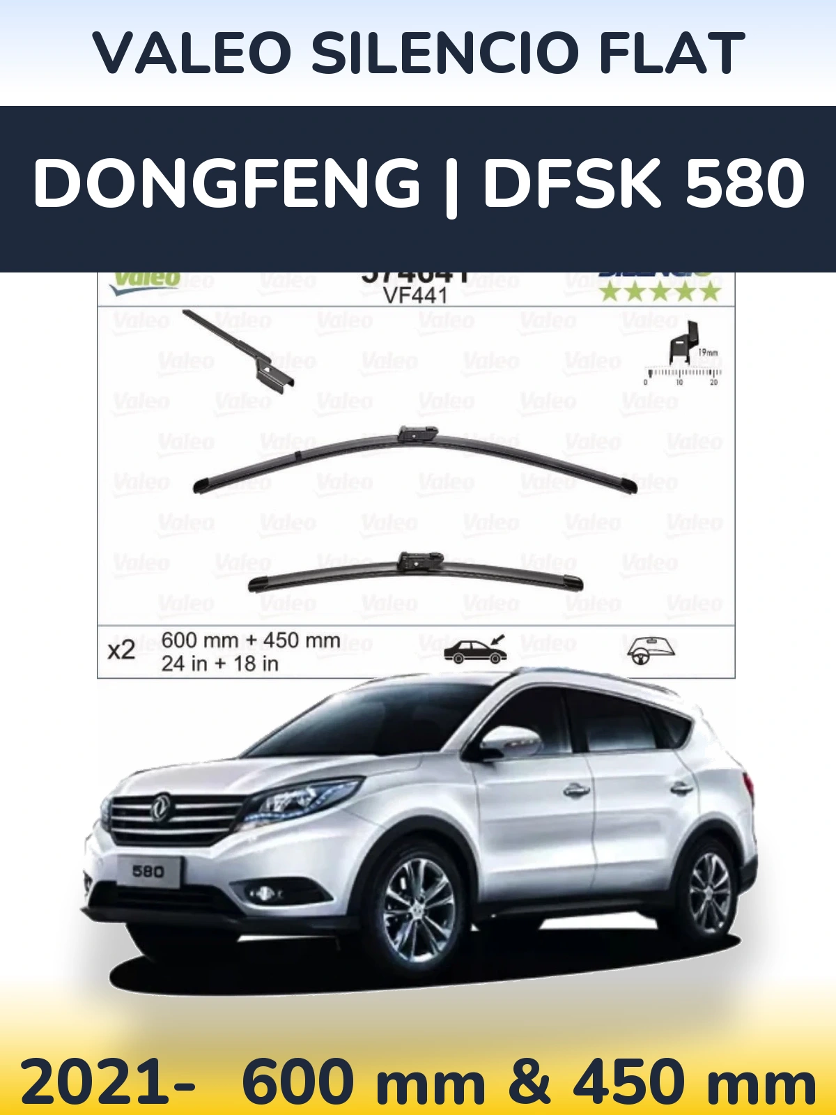 Front wiper blade set Valeo Silencio Flat 600 & 450 mm for DongFeng | DFSK 580 2021-2026