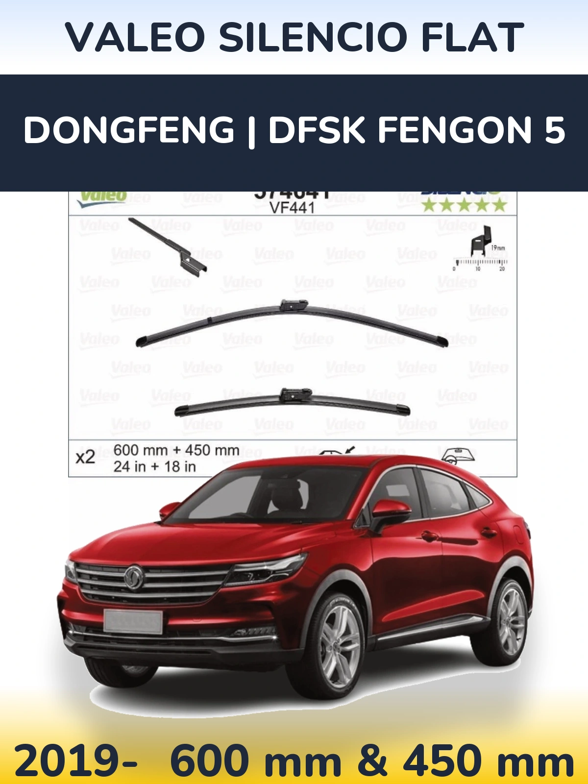 Front wiper blade set Valeo Silencio Flat 600 & 450 mm for DongFeng | DFSK Fengon 5 2019-2026